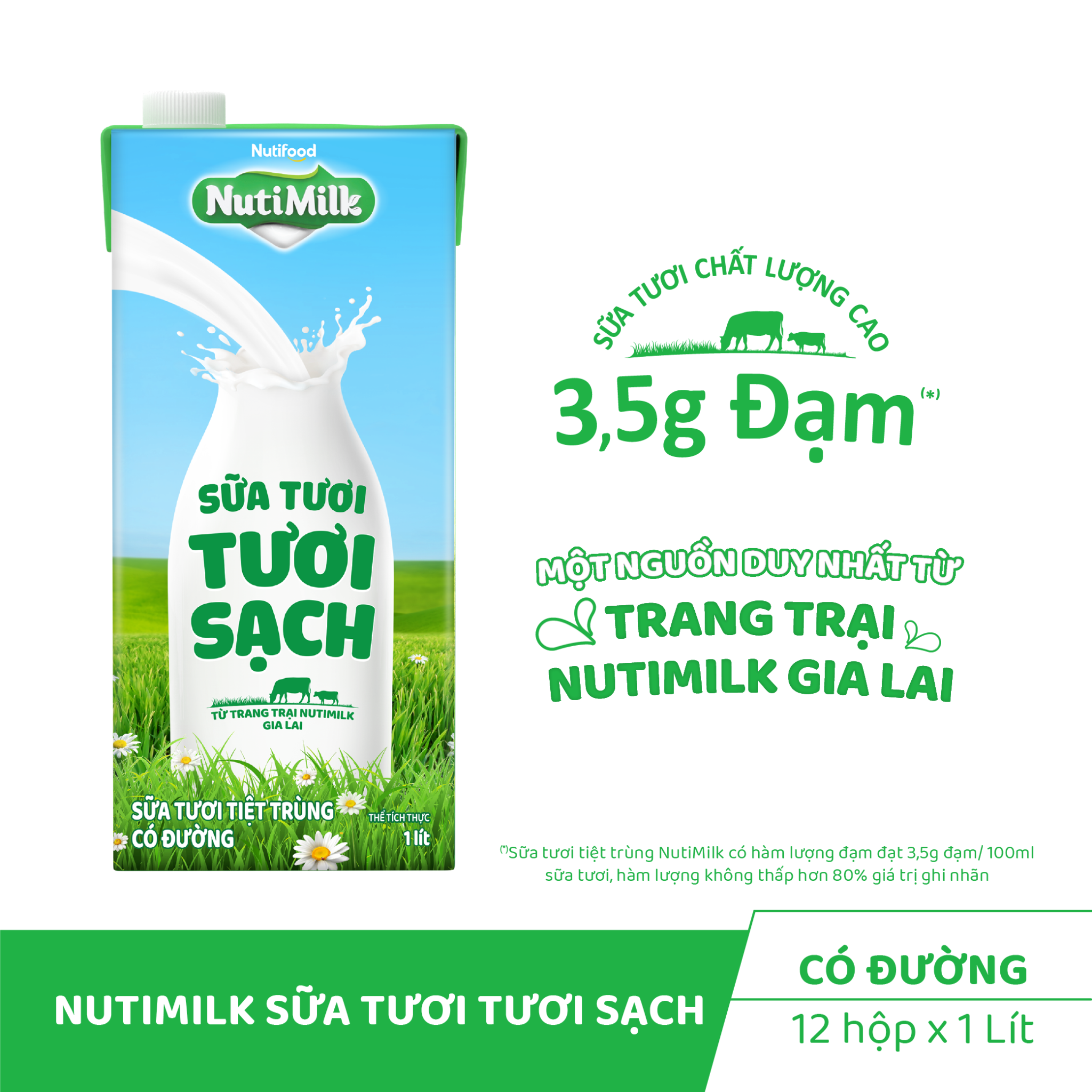 NutiMilk Sữa Tươi Tươi Sạch Có Đường - Hộp 1 Lít