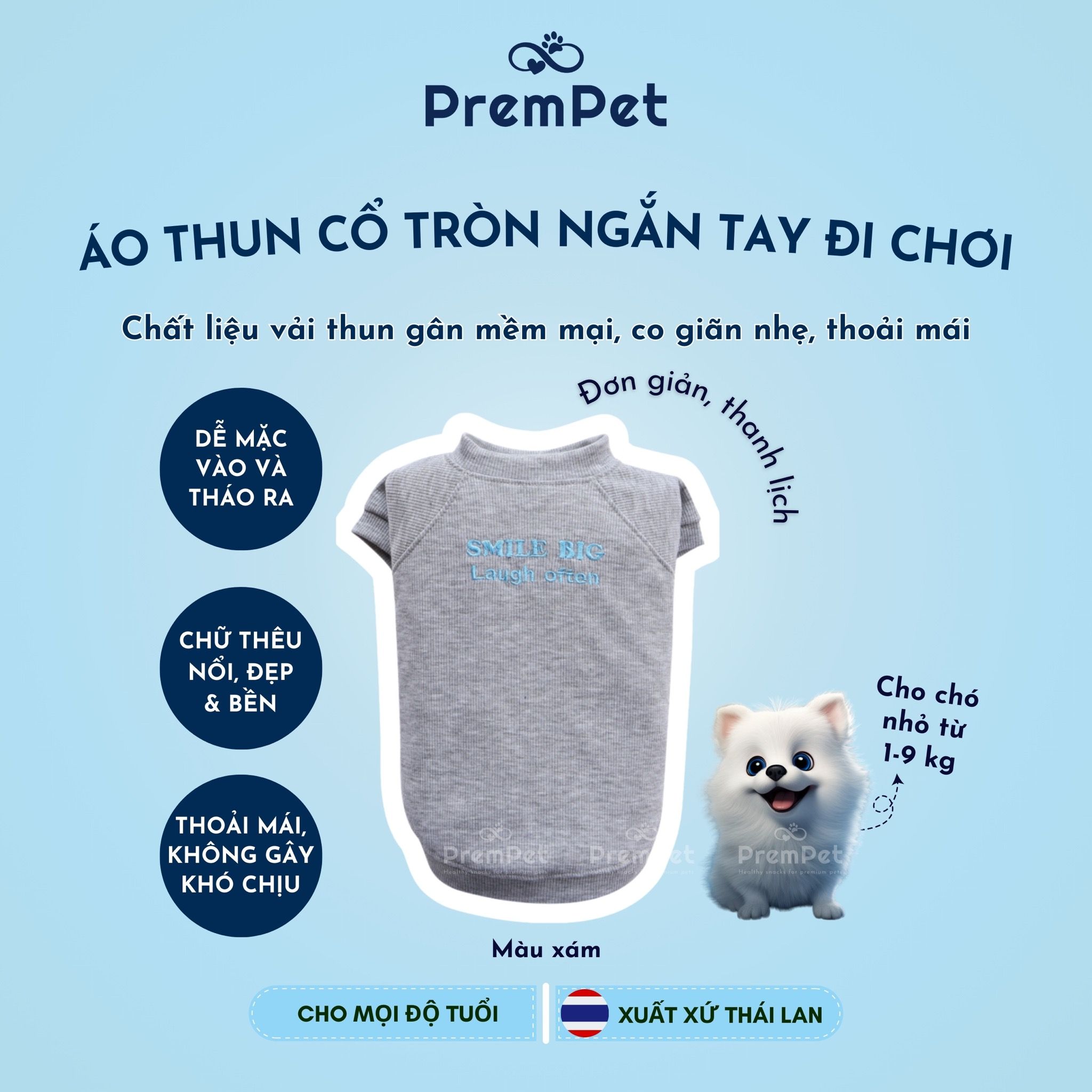 Áo Thun - DoggyDolly - Vải Thun Gân Mềm, Cổ Tròn Ngắn Tay Đi Chơi - cho Chó nhỏ - Size XL XXL- Màu Xám