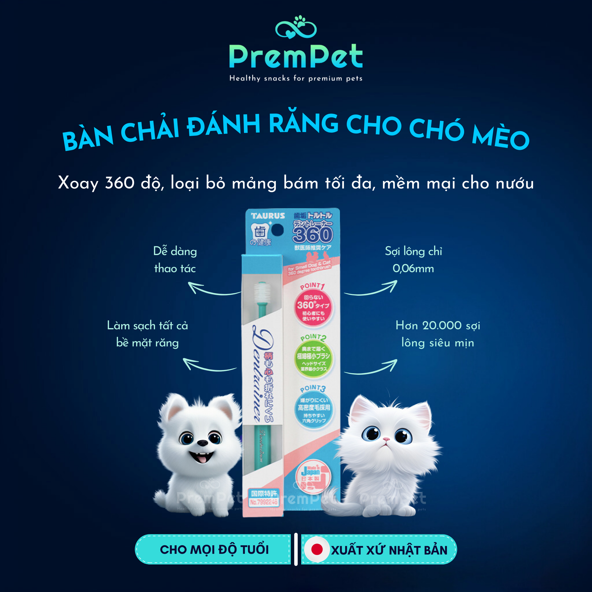 Bàn Chải Đánh Răng - Taurus - Xoay 360 Độ - cho Chó Mèo