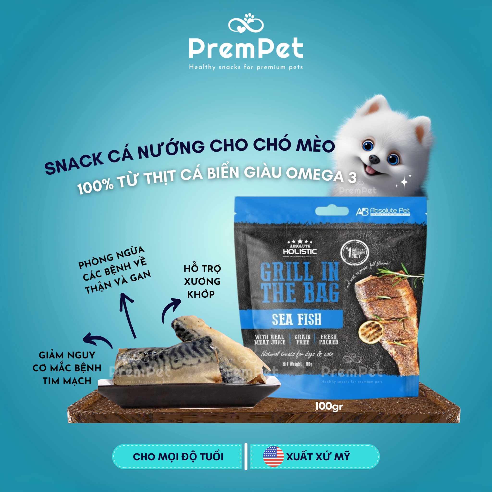 Snack Thưởng - Absolute Holistic - Từ Cá Nướng Bổ Sung Omega 3 - cho Chó Mèo - Túi 100g