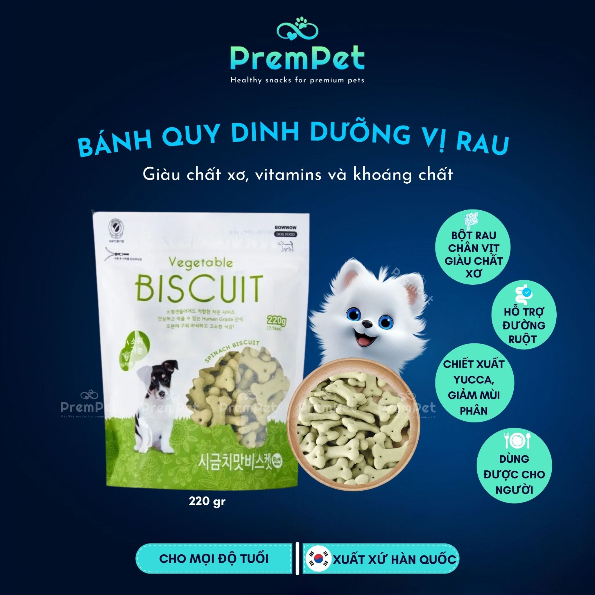 Bánh Thưởng - Bow Wow - Bổ Sung Chất Xơ - Vị Rau Chân Vịt - cho Chó - Túi 220g