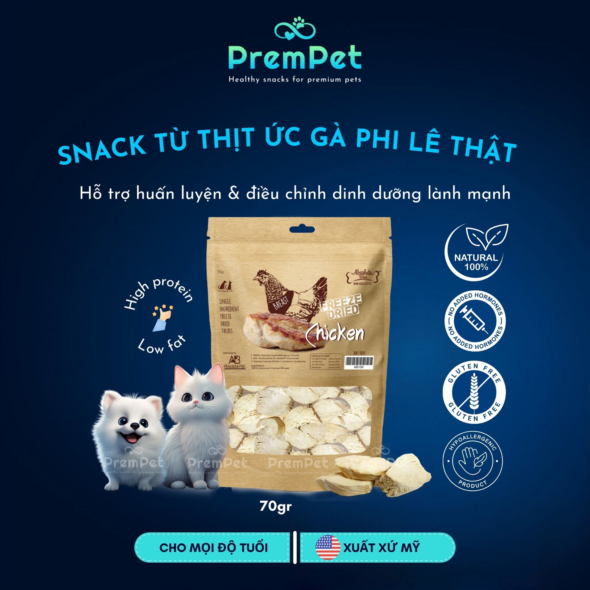 Snack Thưởng - Absolute Bites - Từ Thịt Ức Gà Tươi - cho Chó Mèo - Túi 70g