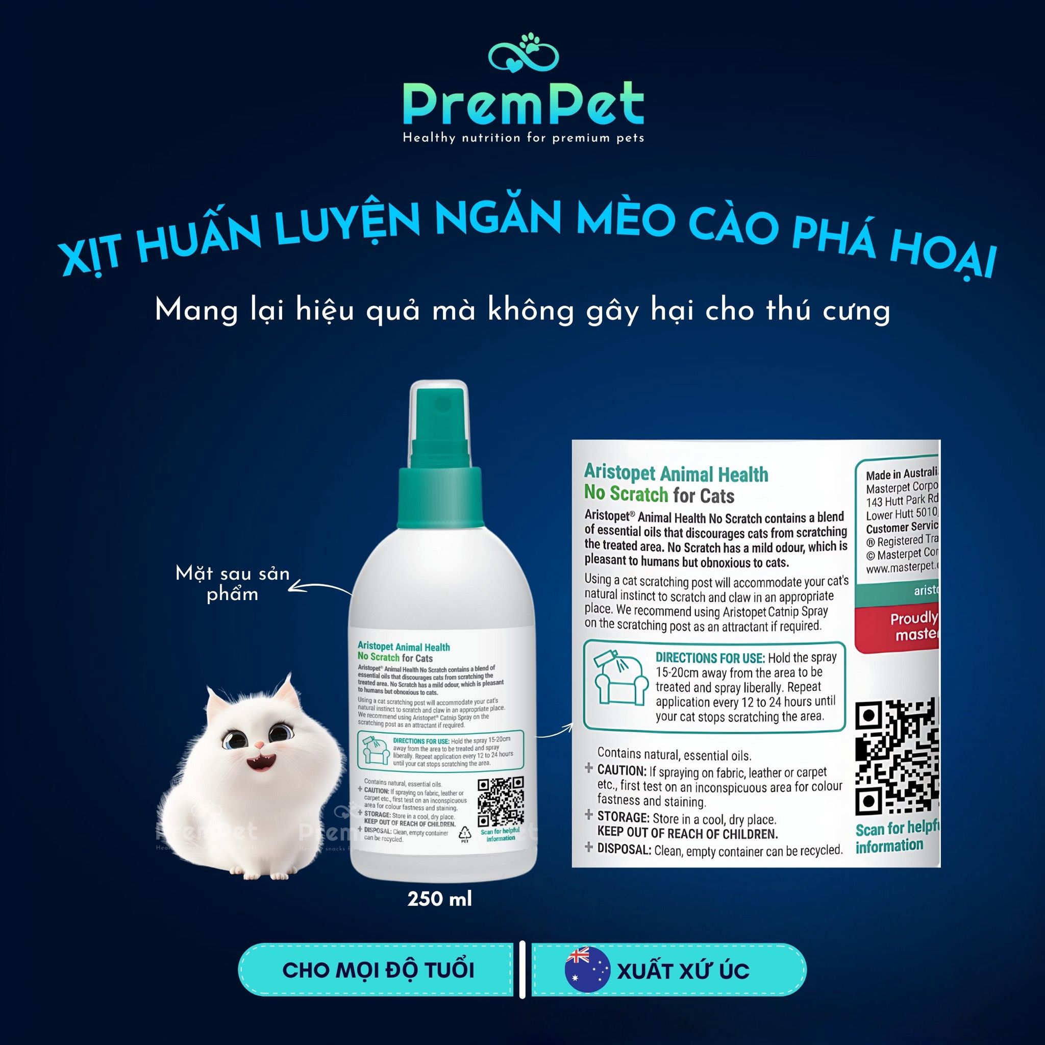 Xịt Huấn Luyện - Aristopet - Hỗ Trợ Ngăn Hành Vi Cào Phá Hoại - cho Mèo - Chai 250ml