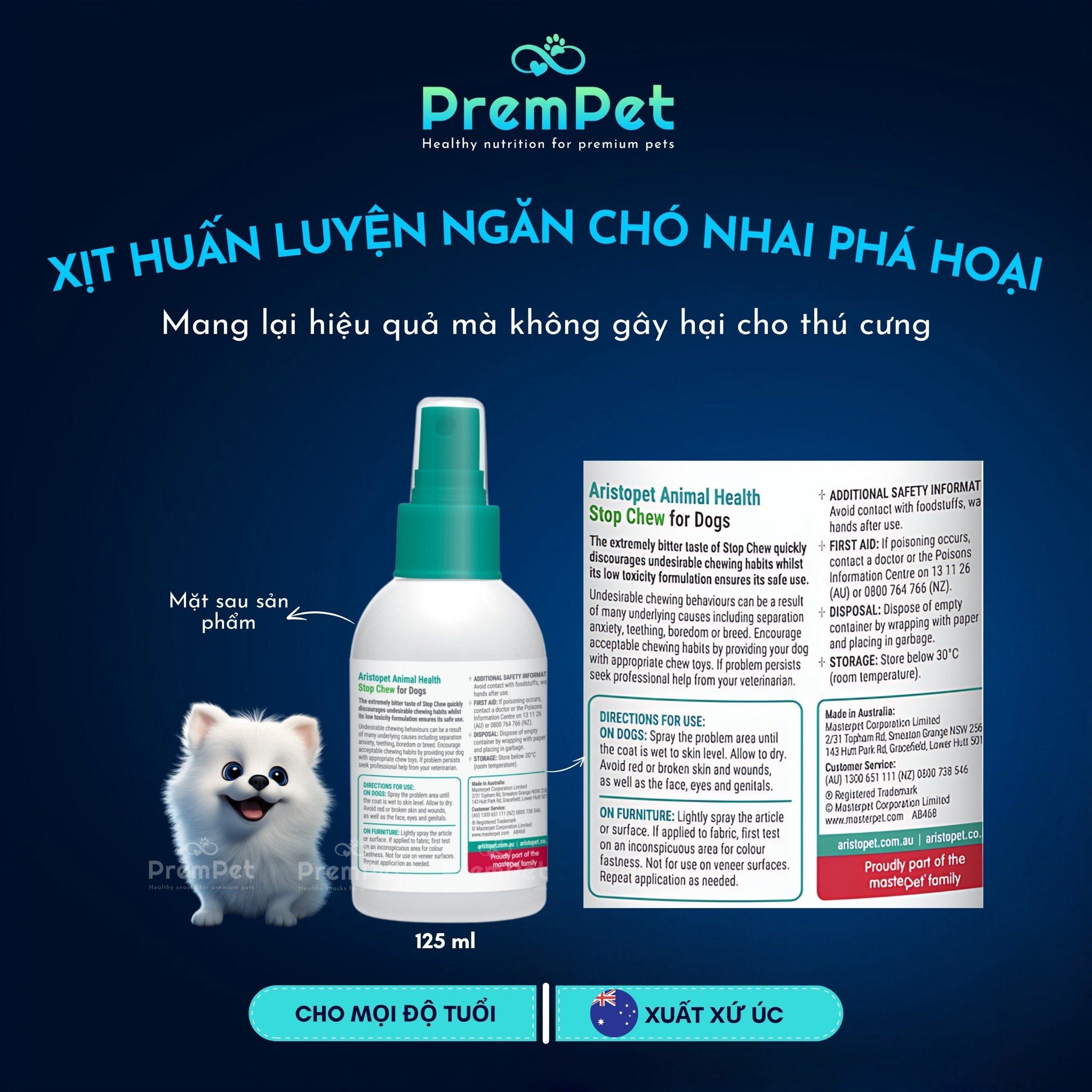 Xịt Huấn Luyện - Aristopet - Hỗ Trợ Ngăn Hành Vi Nhai Phá Hoại - cho Chó - Chai 125ml