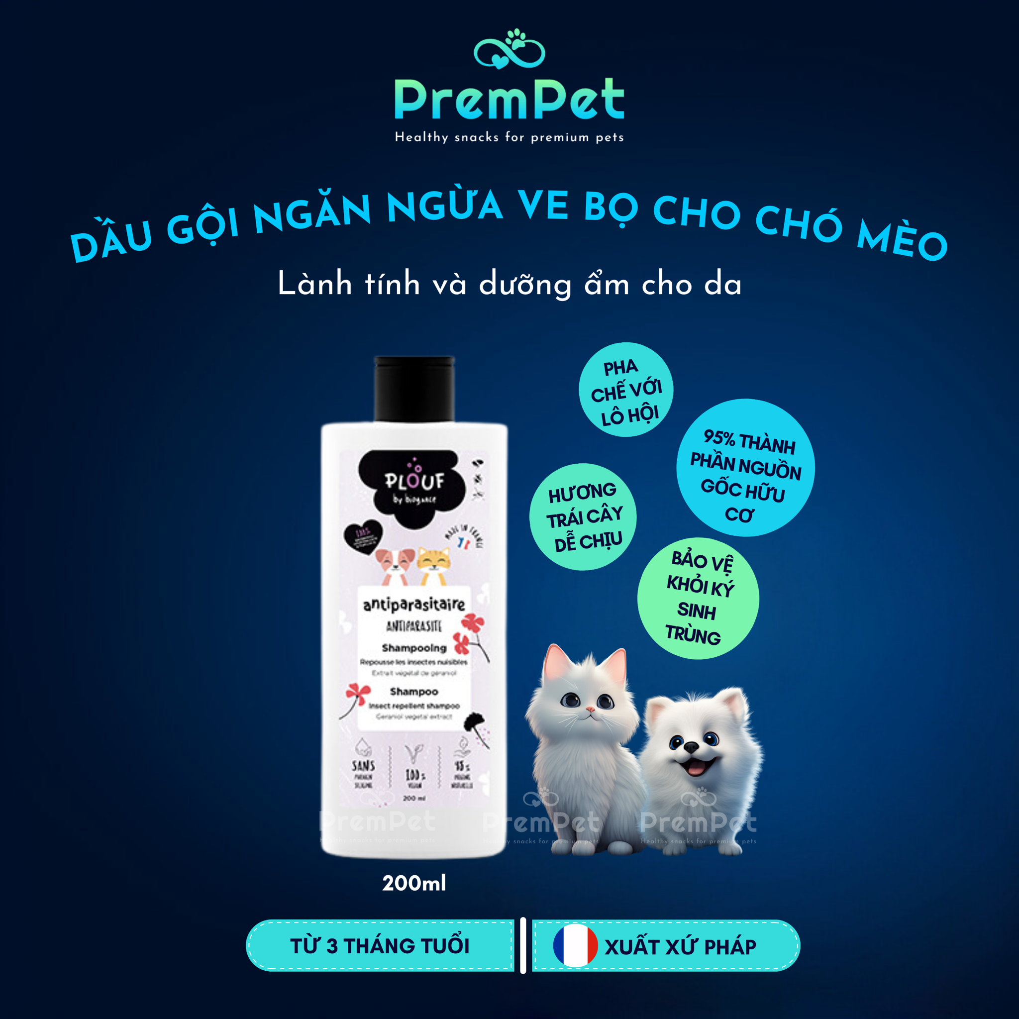 Dầu Gội - PLOUF - Ngăn Ngừa Ve Bọ - cho Chó Mèo - Chai 200ml