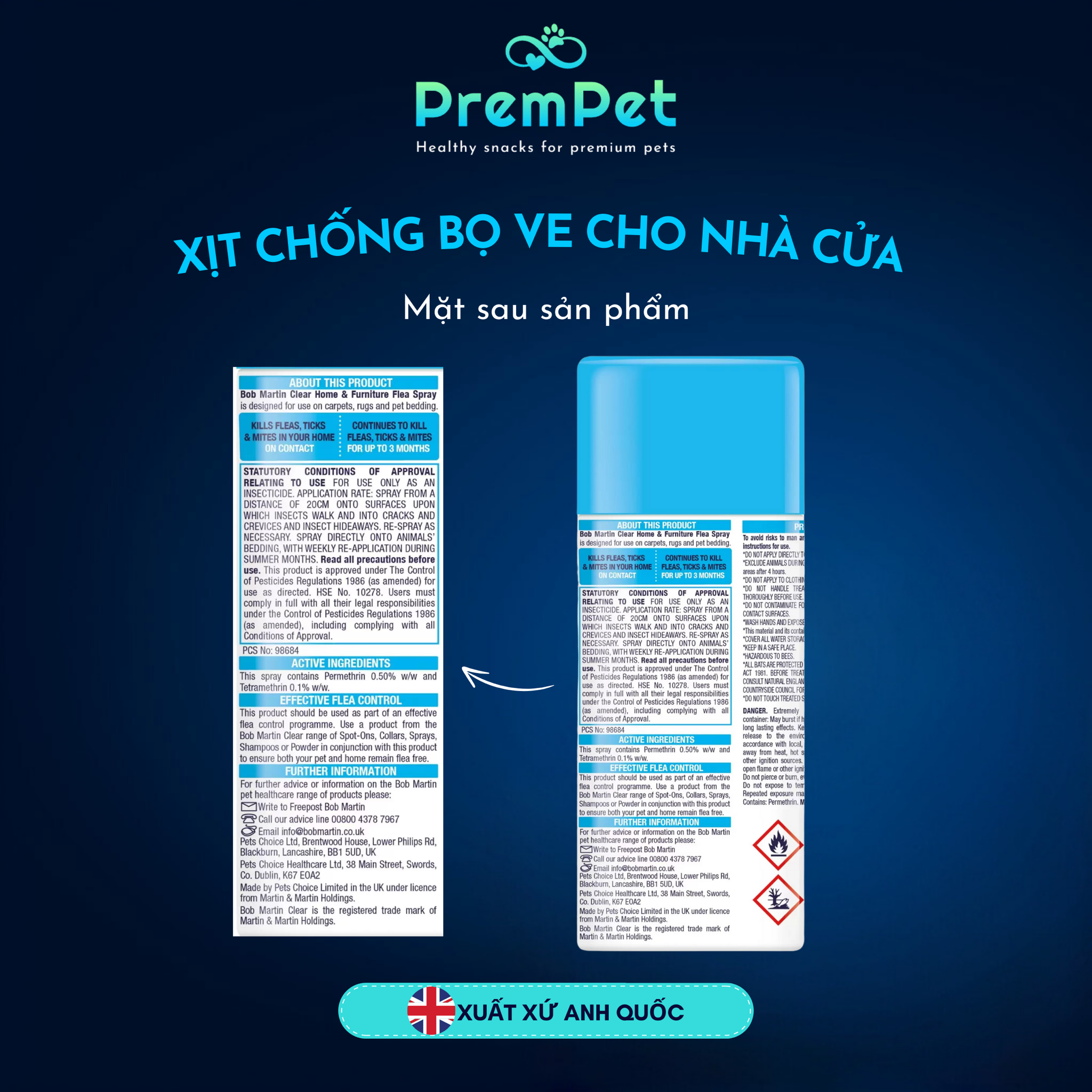 Xịt Diệt Bọ Chét & Ve - Bob Martin - Cho Nhà & Đồ Đạc - Chai 200ml