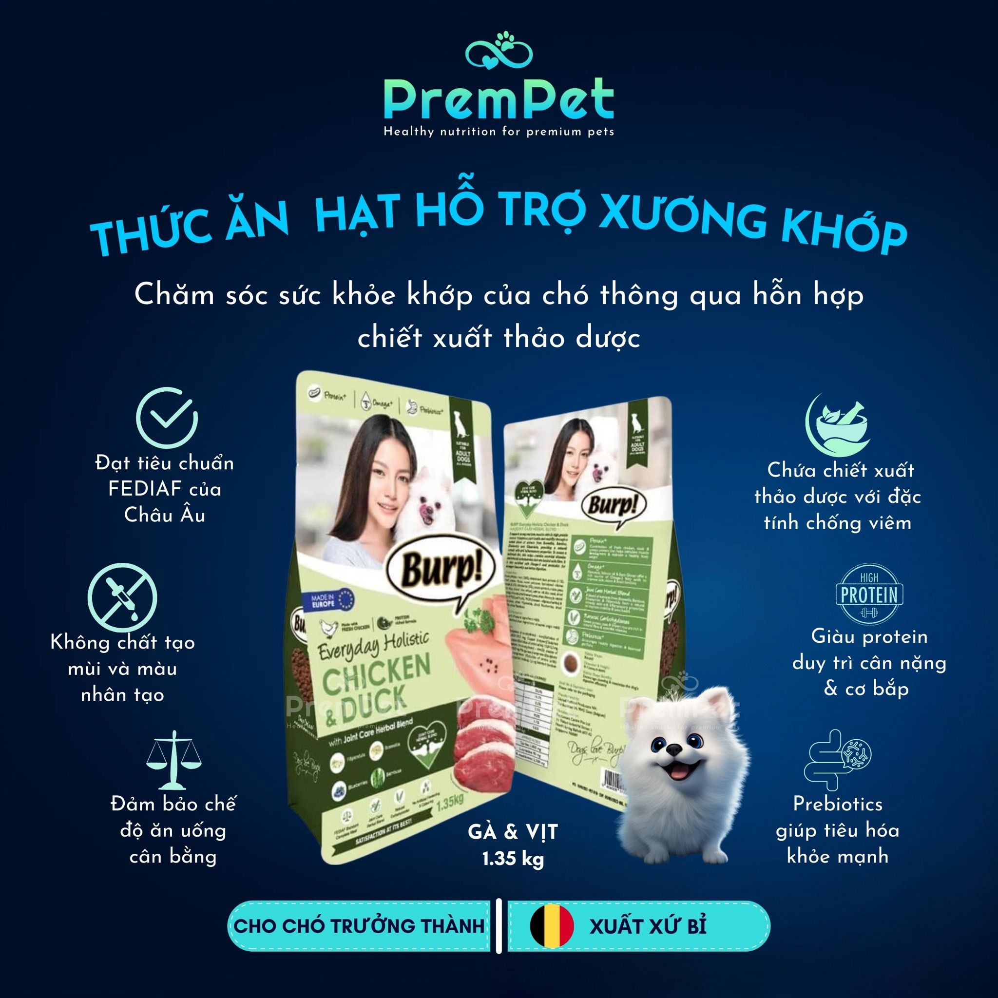 Thức Ăn Hạt - Burp - Hỗ Trợ Xương Khớp - Từ Thịt Gà, Vịt & Thảo Mộc - cho Chó - Túi 1.35kg