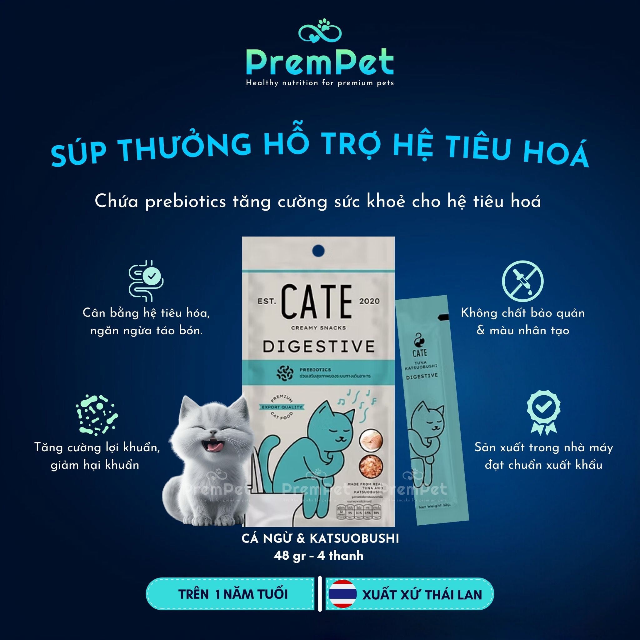 Súp Thưởng - Cate - Hỗ Trợ Hệ Tiêu Hoá Khoẻ - Vị Cá Ngừ & Katsuobushi - cho Mèo - Thanh/Túi