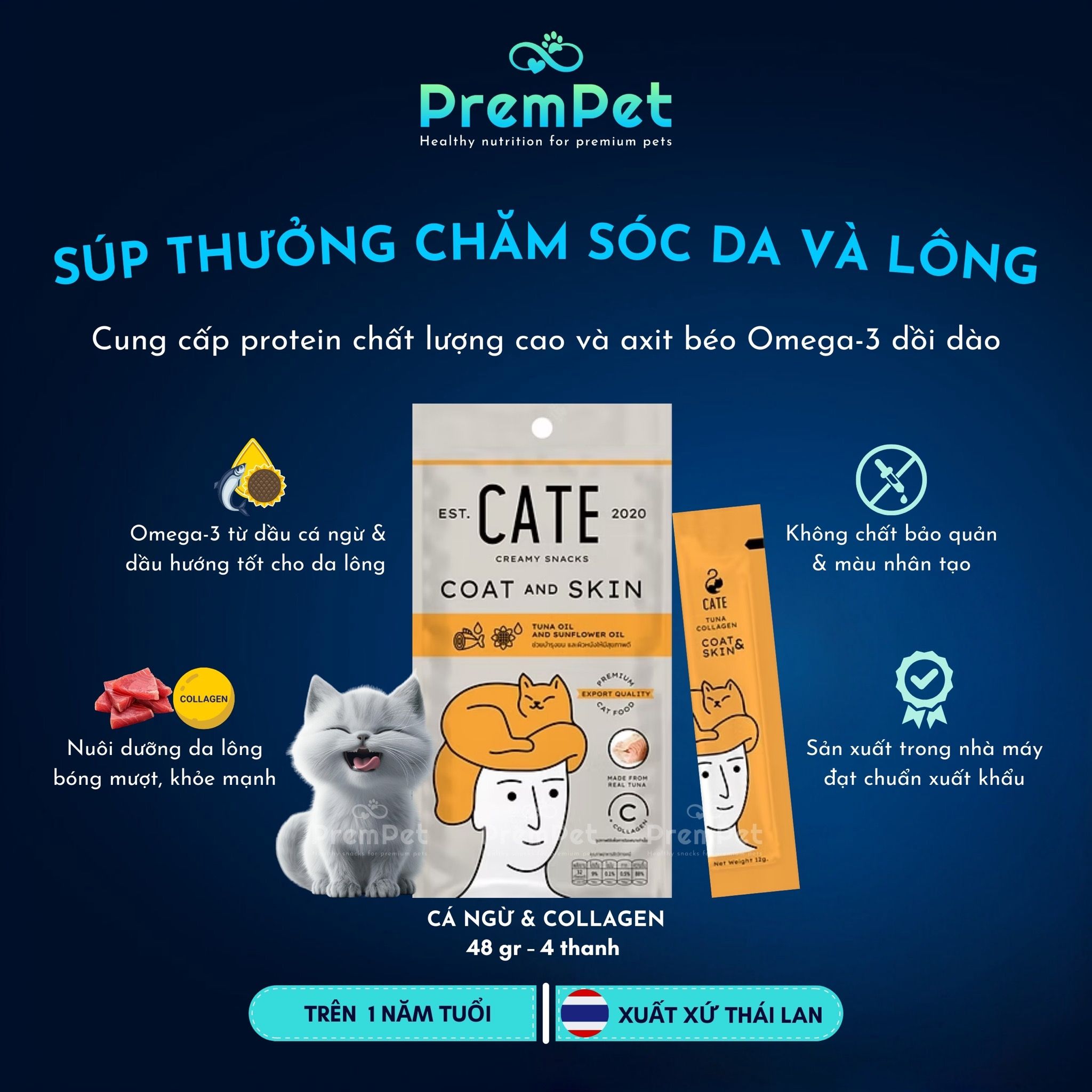 Súp Thưởng - Cate - Chăm Sóc Da & Lông - Vị Cá Ngừ & Collagen - cho Mèo - Thanh/Túi
