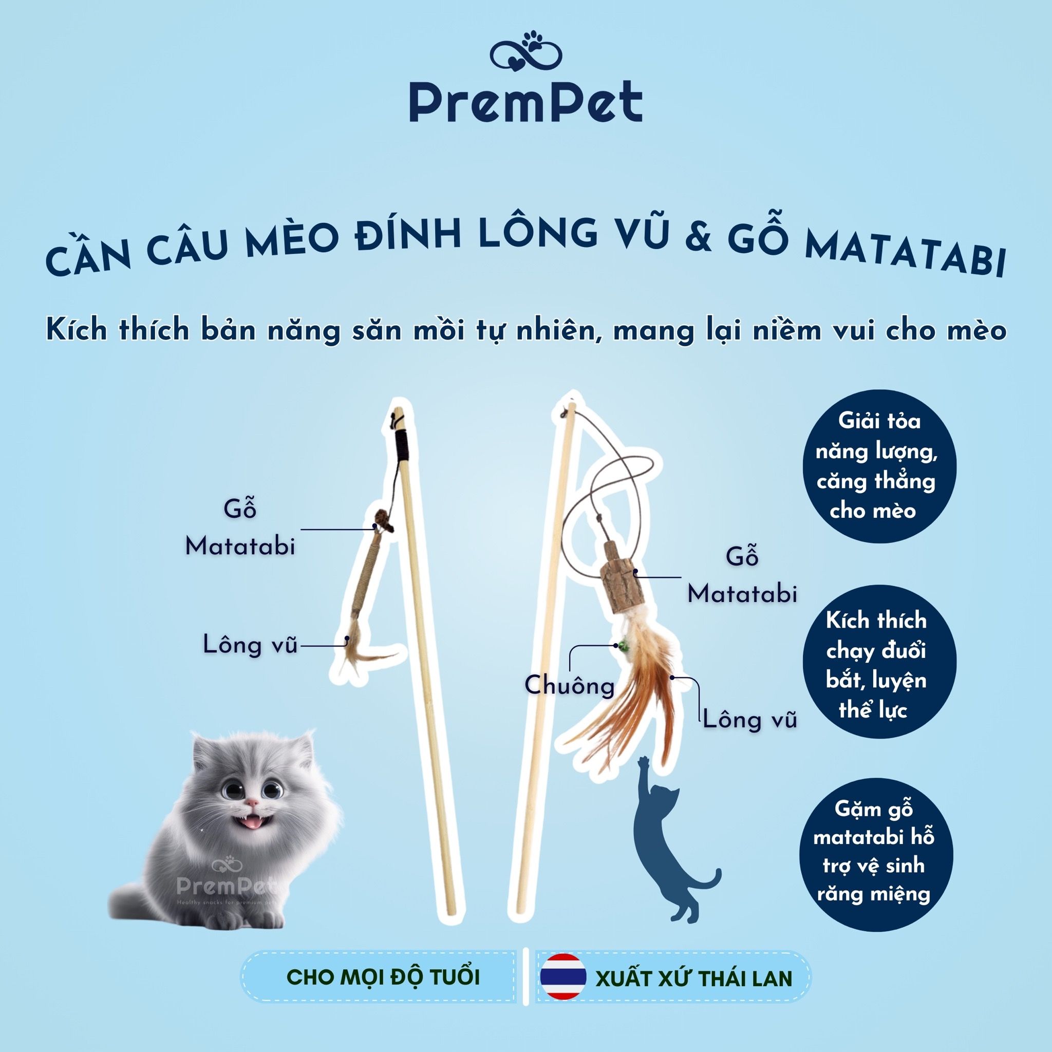 Cần Câu Mèo - CC Pet - Thân Gỗ Đính Lông Vũ Và Gỗ Matatabi Kèm Chuông - Vui Chơi Giải Trí - cho Mèo