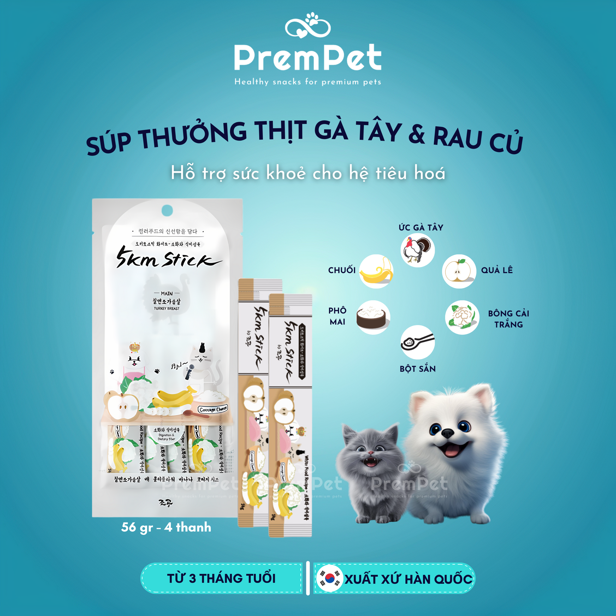 Súp Thưởng - Chogong 5km Stick - Hỗ Trợ Sức Khoẻ Hệ Tiêu Hoá - Vị Thịt Gà Tây & Rau Củ - cho Chó Mèo - Thanh/Túi