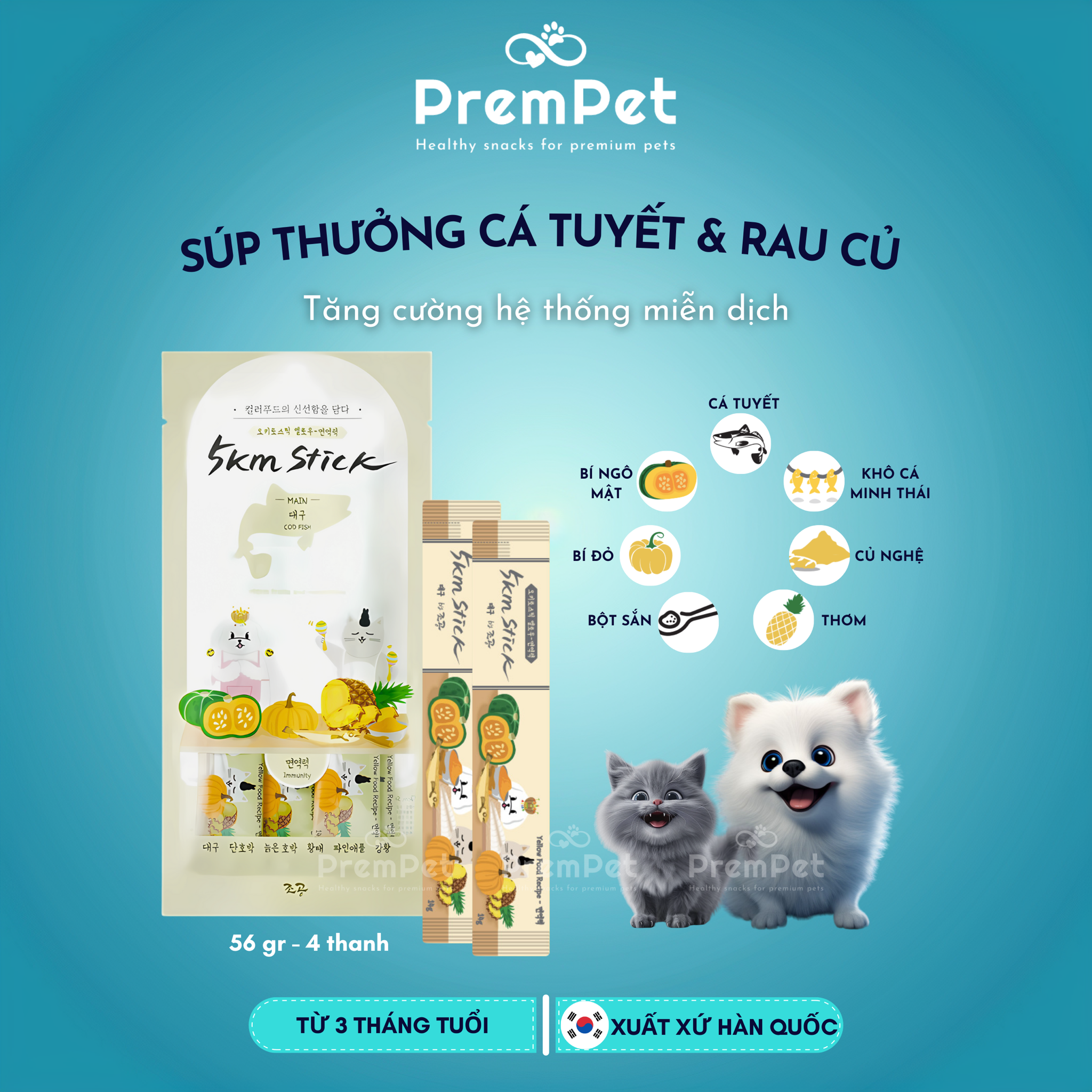 Súp Thưởng - Chogong 5km Stick - Tăng Cường Hệ Miễn Dịch - Vị Cá Tuyết & Rau Củ - cho Chó Mèo - Thanh/Túi