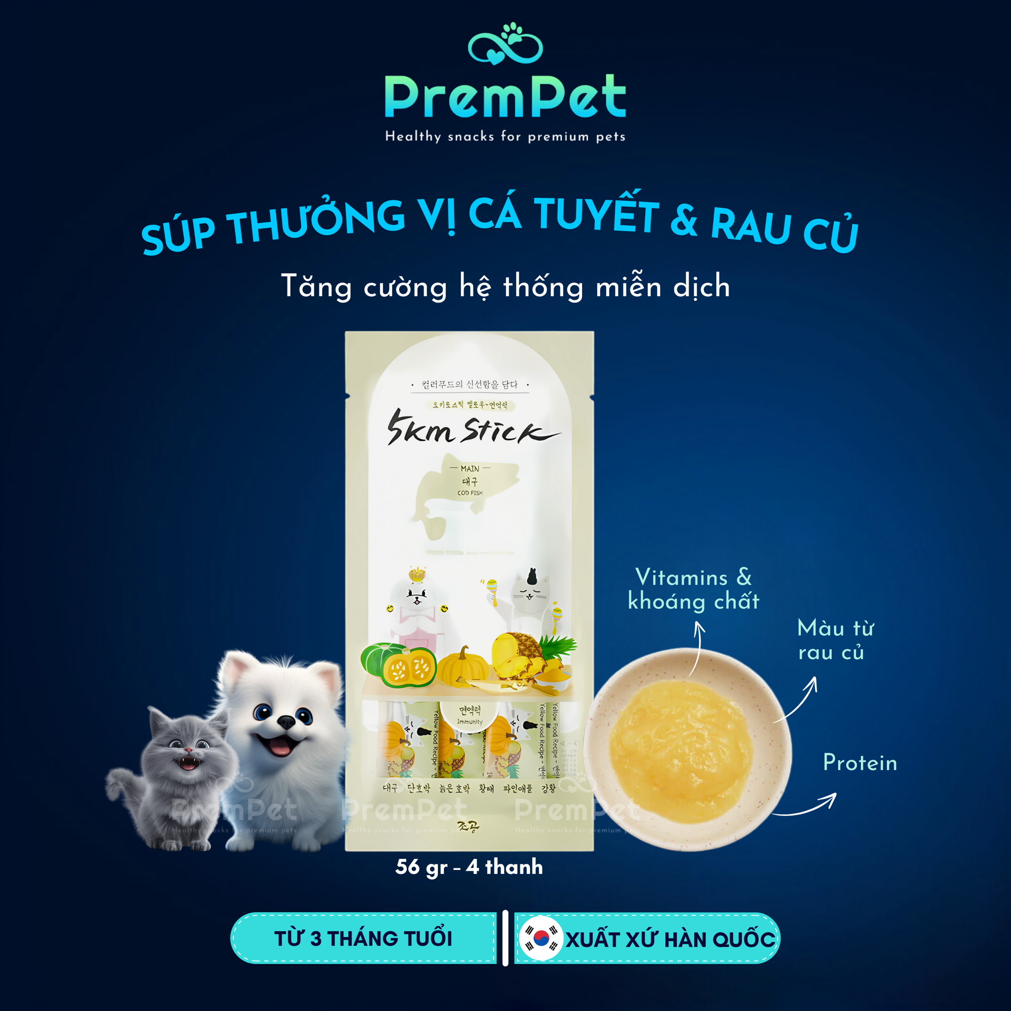 Súp Thưởng - Chogong 5km Stick - Tăng Cường Hệ Miễn Dịch - Vị Cá Tuyết & Rau Củ - cho Chó Mèo - Thanh/Túi