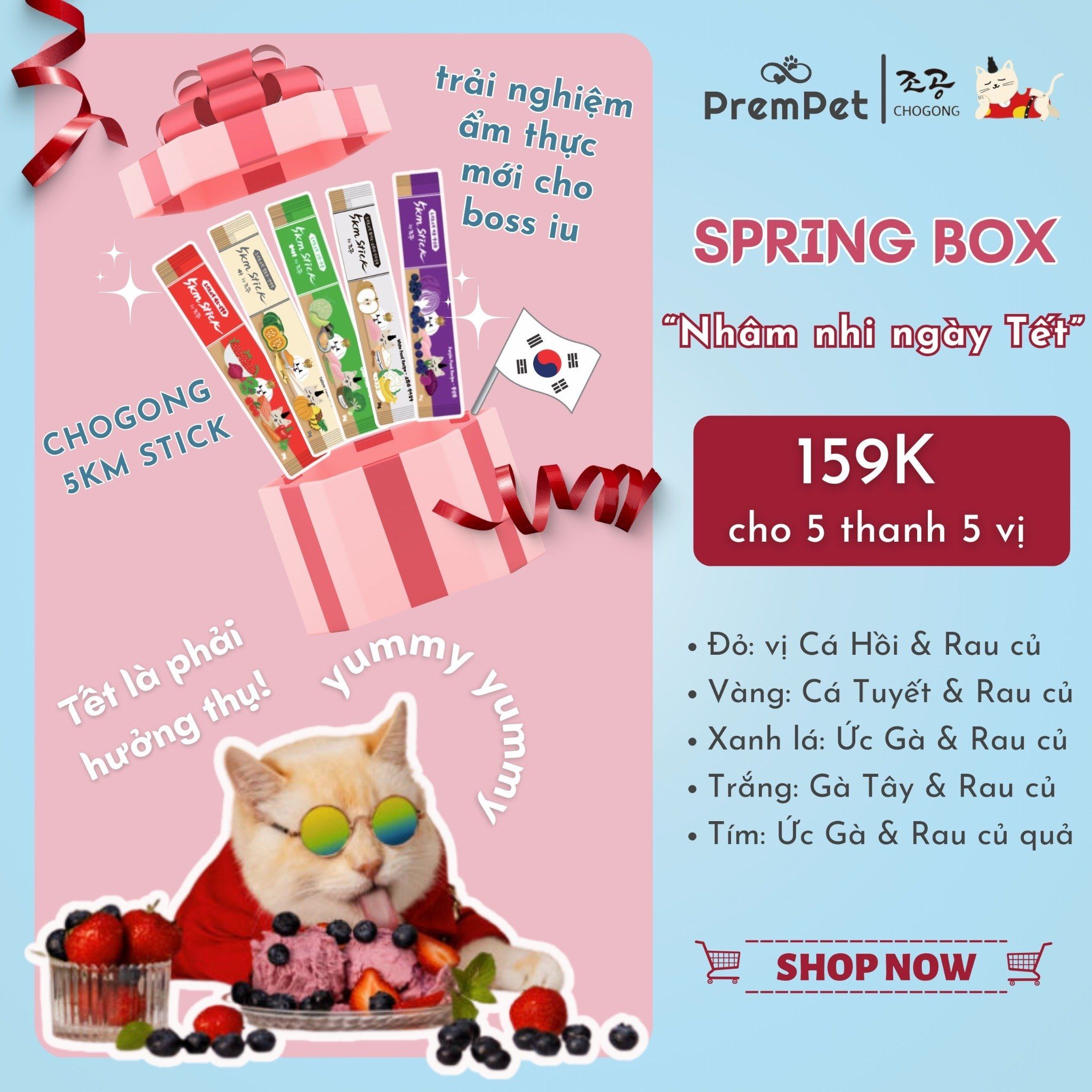 Spring Box 5in1 - Súp Thưởng - Chogong 5km Stick - Hỗ Trợ Sức Khoẻ Toàn Diện - cho Mèo - Hộp 5 thanh, 5 màu 5 vị, 14g/thanh