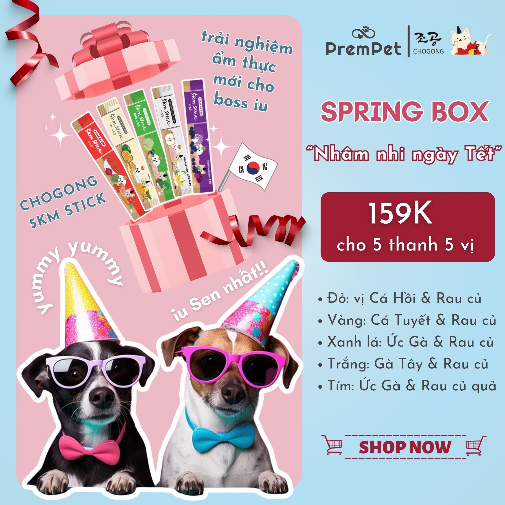 Spring Box 5in1 - Súp Thưởng - Chogong 5km Stick - Hỗ Trợ Sức Khoẻ Toàn Diện - cho Chó - Hộp 5 thanh, 5 màu 5 vị, 14g/thanh