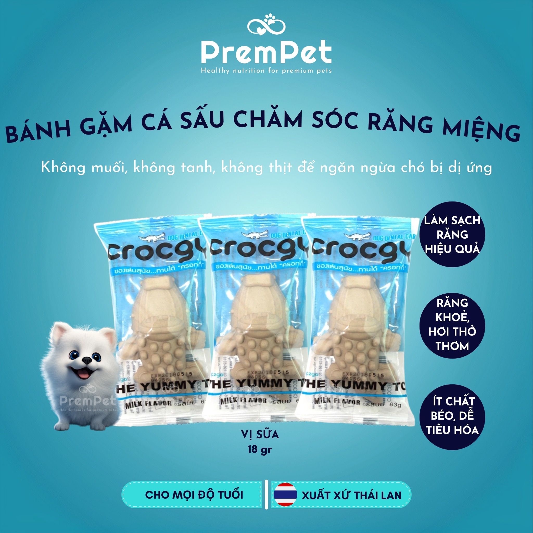 Bánh Gặm Hình Cá Sấu - Crocgy - Chăm Sóc Răng Miệng - Vị Sữa/Gà/Diệp lục - cho Chó - Bánh 18g