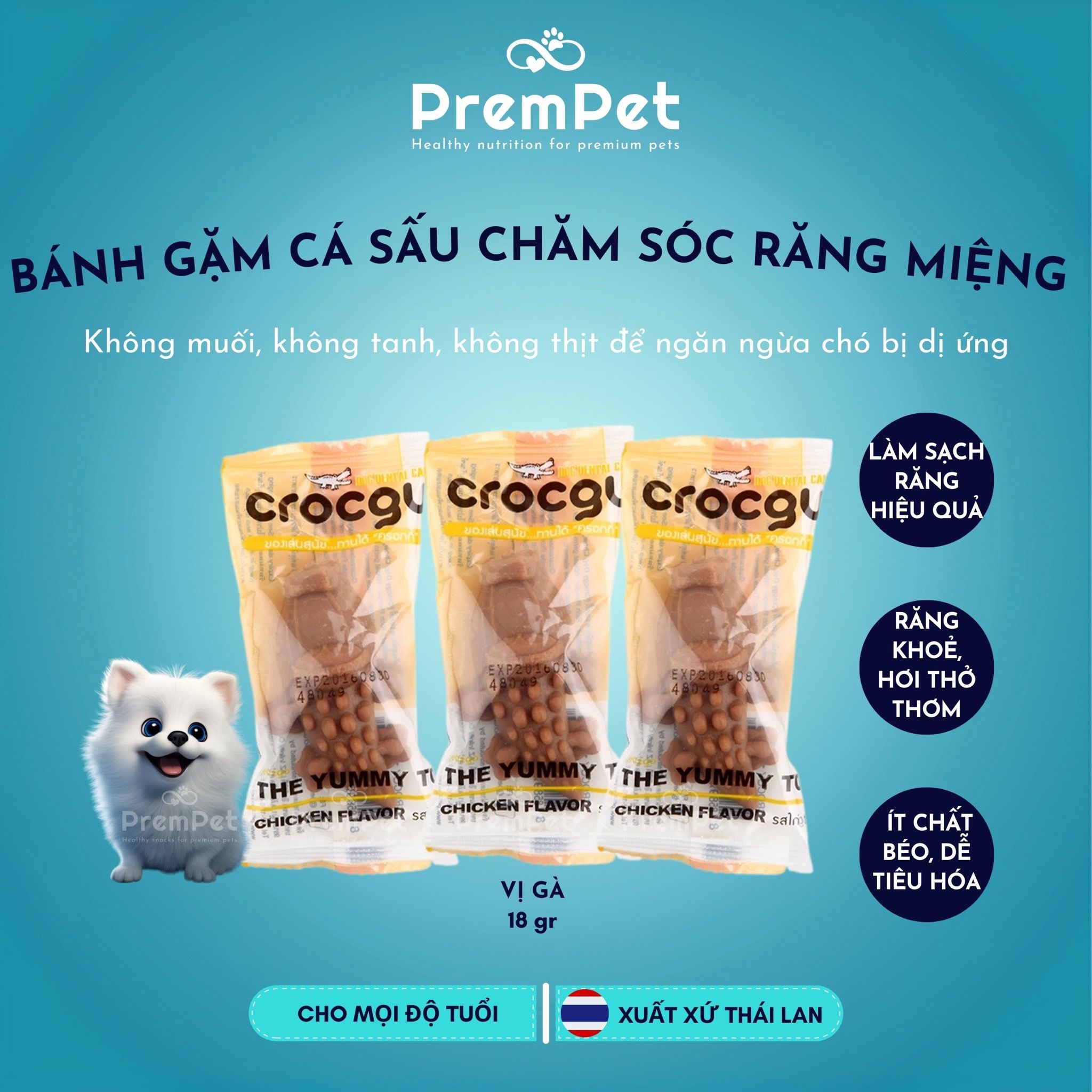 Bánh Gặm Hình Cá Sấu - Crocgy - Chăm Sóc Răng Miệng - Vị Sữa/Gà/Diệp lục - cho Chó - Bánh 18g