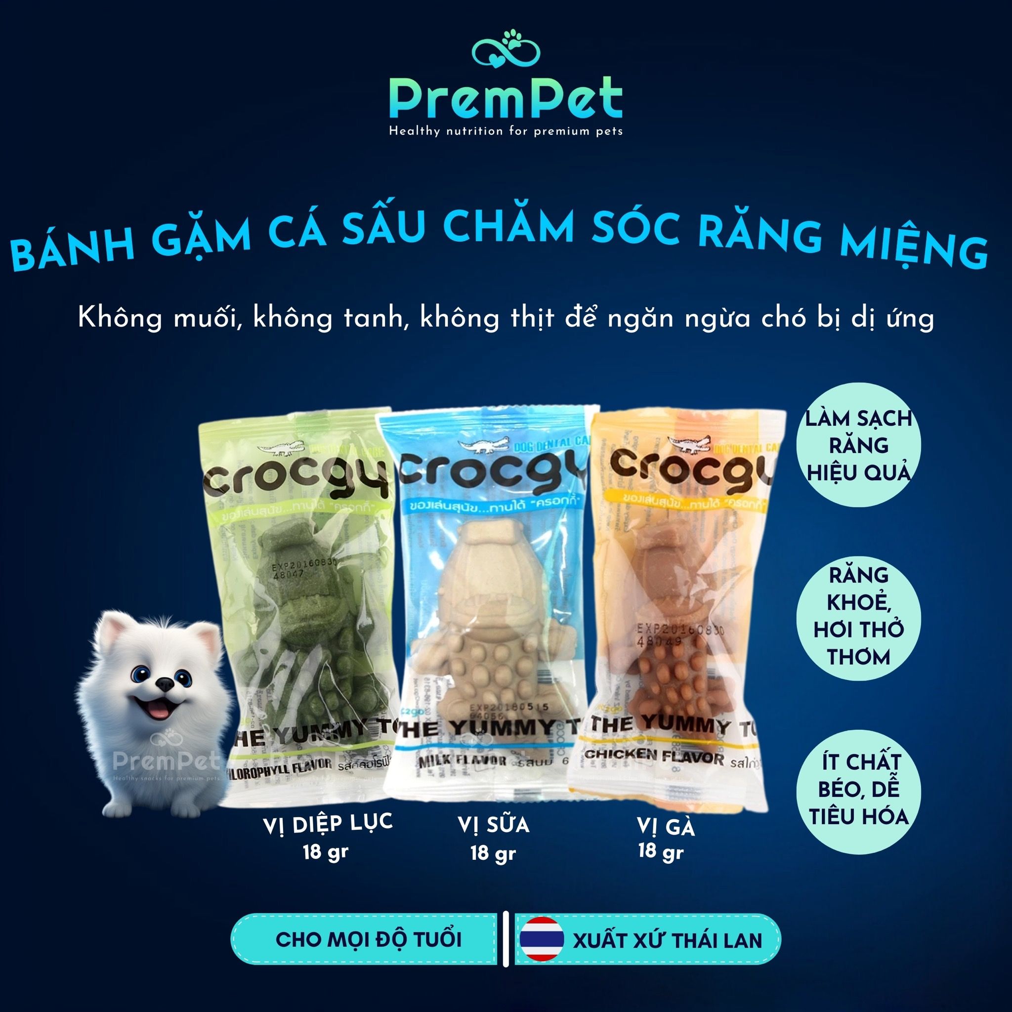 Bánh Gặm Hình Cá Sấu - Crocgy - Chăm Sóc Răng Miệng - Vị Sữa/Gà/Diệp lục - cho Chó - Bánh 18g