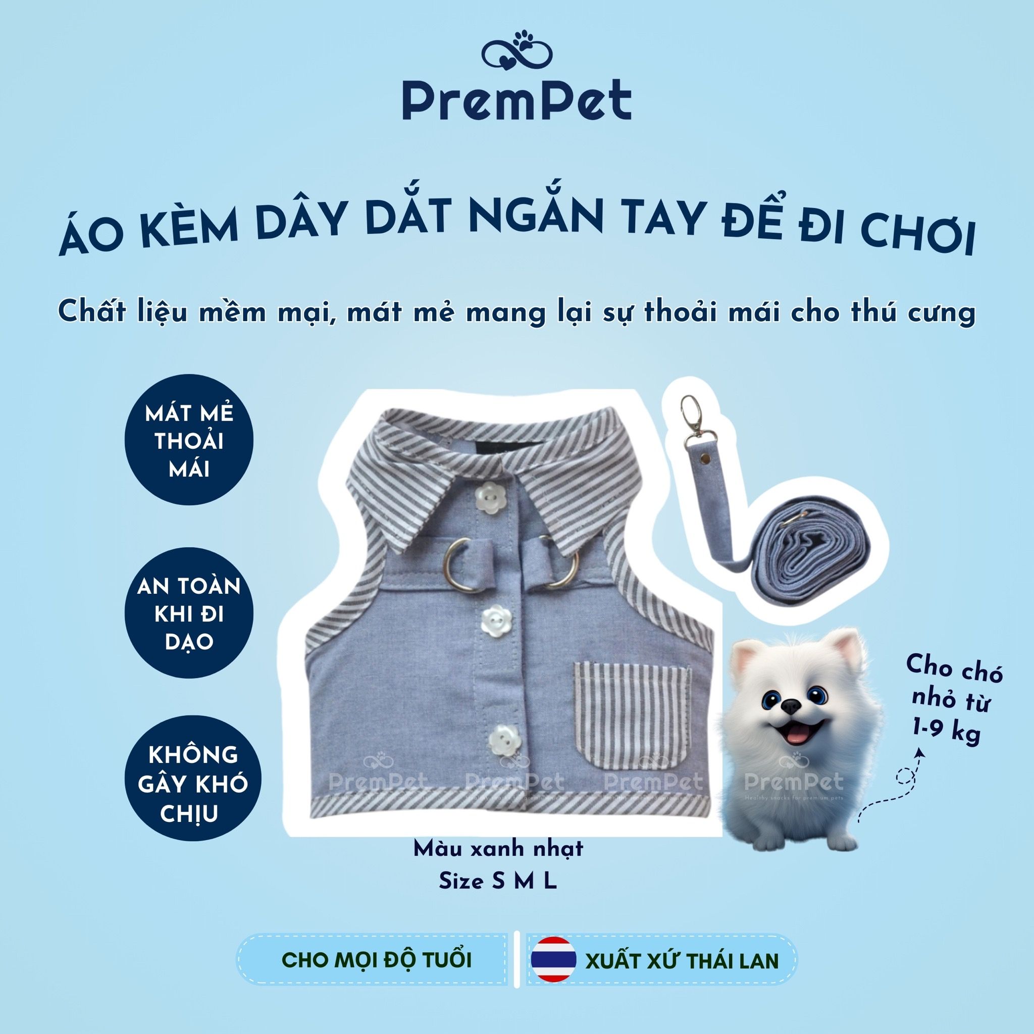 Áo kèm Dây Dắt - DoggyDolly - Ngắn Tay Đi Chơi - cho Chó nhỏ - Size S M L - Màu Xanh Nhạt