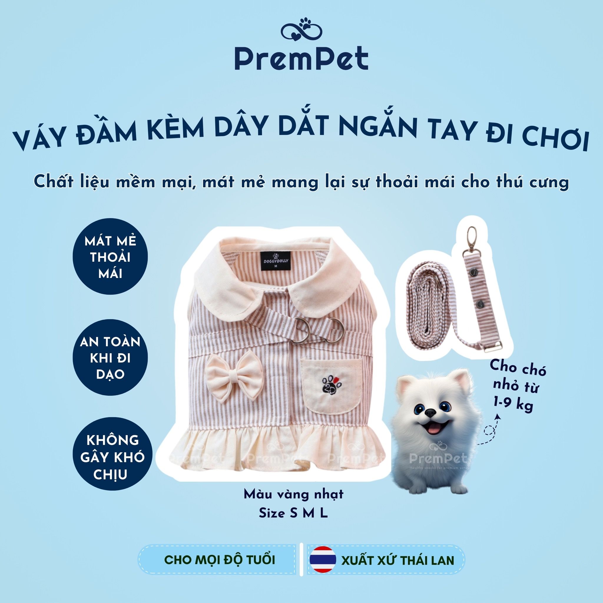 Váy Đầm kèm Dây Dắt - DoggyDolly - Ngắn Tay Đi Chơi - cho Chó nhỏ - Size S M L - Màu Vàng Nhạt