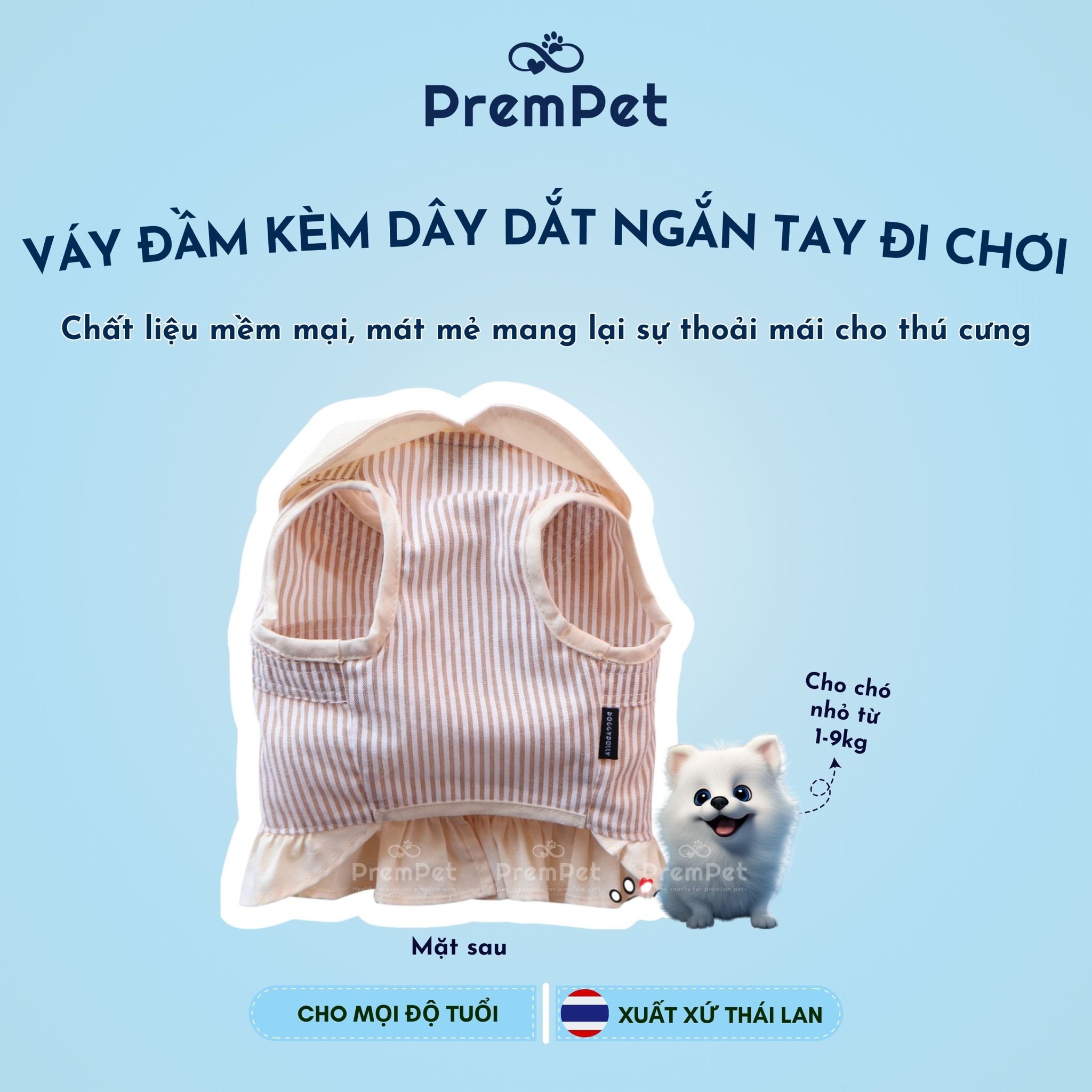 Váy Đầm kèm Dây Dắt - DoggyDolly - Ngắn Tay Đi Chơi - cho Chó nhỏ - Size S M L - Màu Vàng Nhạt