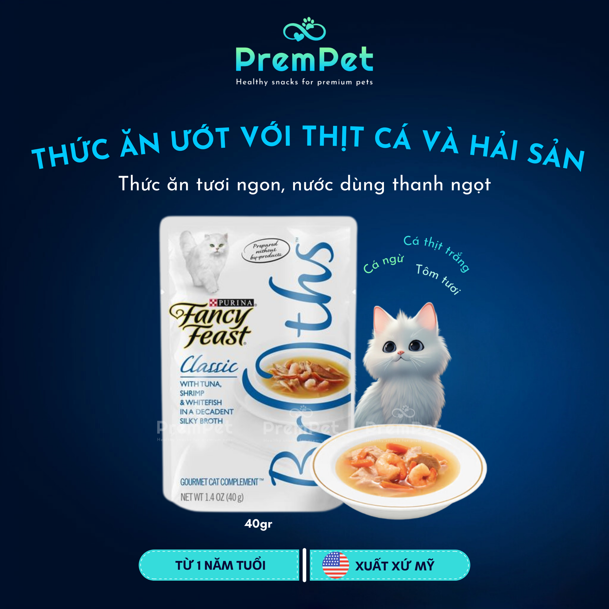 Thức Ăn Ướt - Purina Fancy Feast® - Từ Thịt Cá Ngừ, Tôm & Cá Thịt Trắng - cho Mèo - Túi 40g