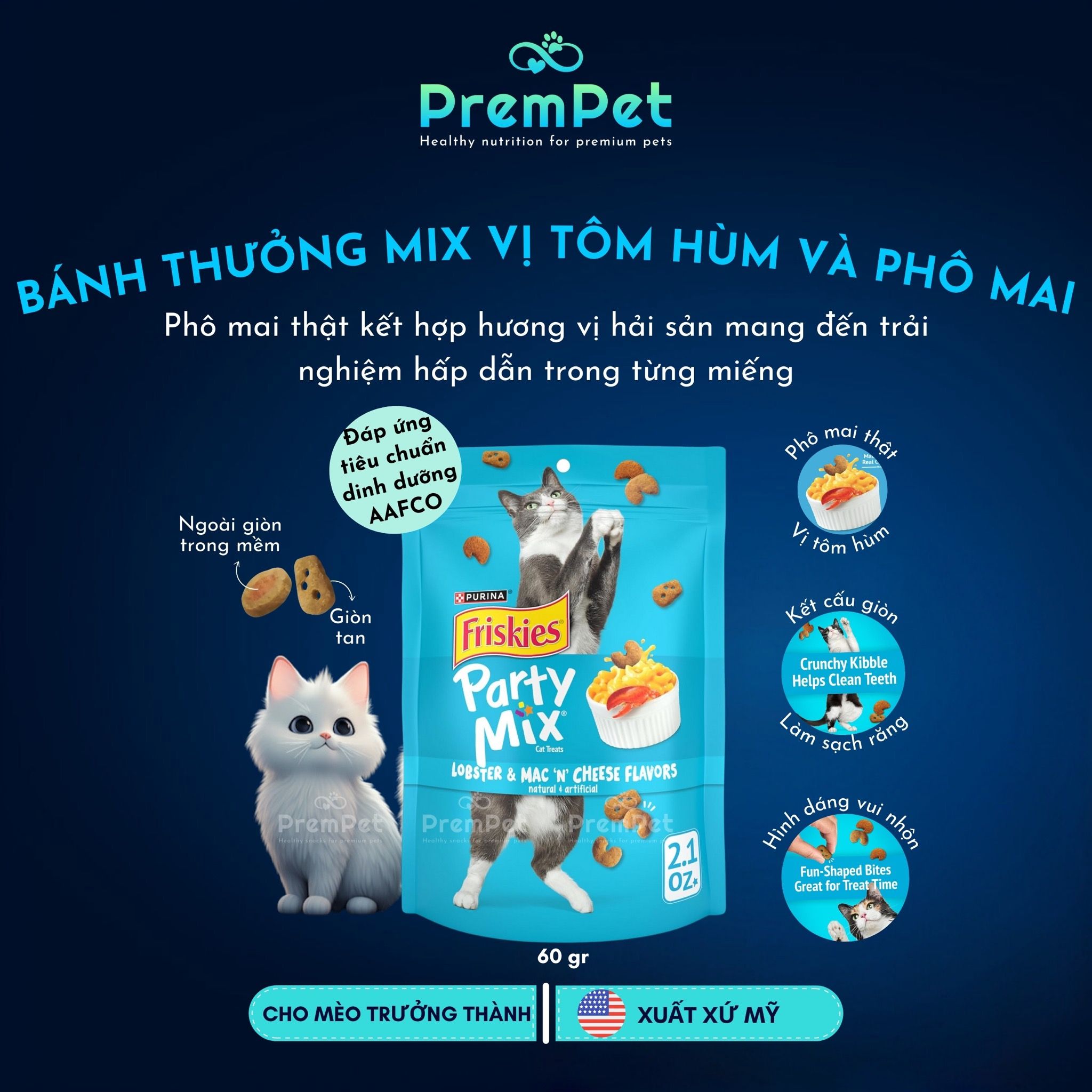Bánh Thưởng - Purina Friskies - Giúp Làm Sạch Răng - Vị Tôm Hùm & Phô Mai - cho Mèo - Túi 60g