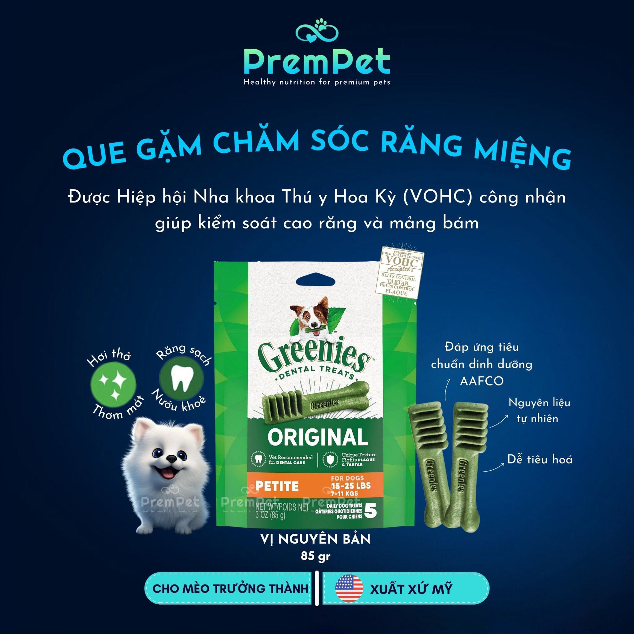 Que Gặm - Greenies - Chăm Sóc Răng Miệng - Vị Nguyên Bản - cho Chó - Túi 85g (5 que)