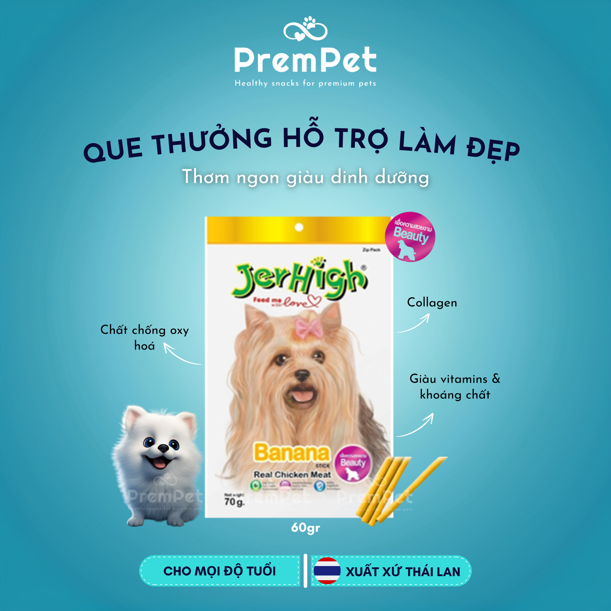 Que Thưởng - Jerhigh - Hỗ Trợ Làm Đẹp - Vị Trái Cây - cho Chó - Túi 60g