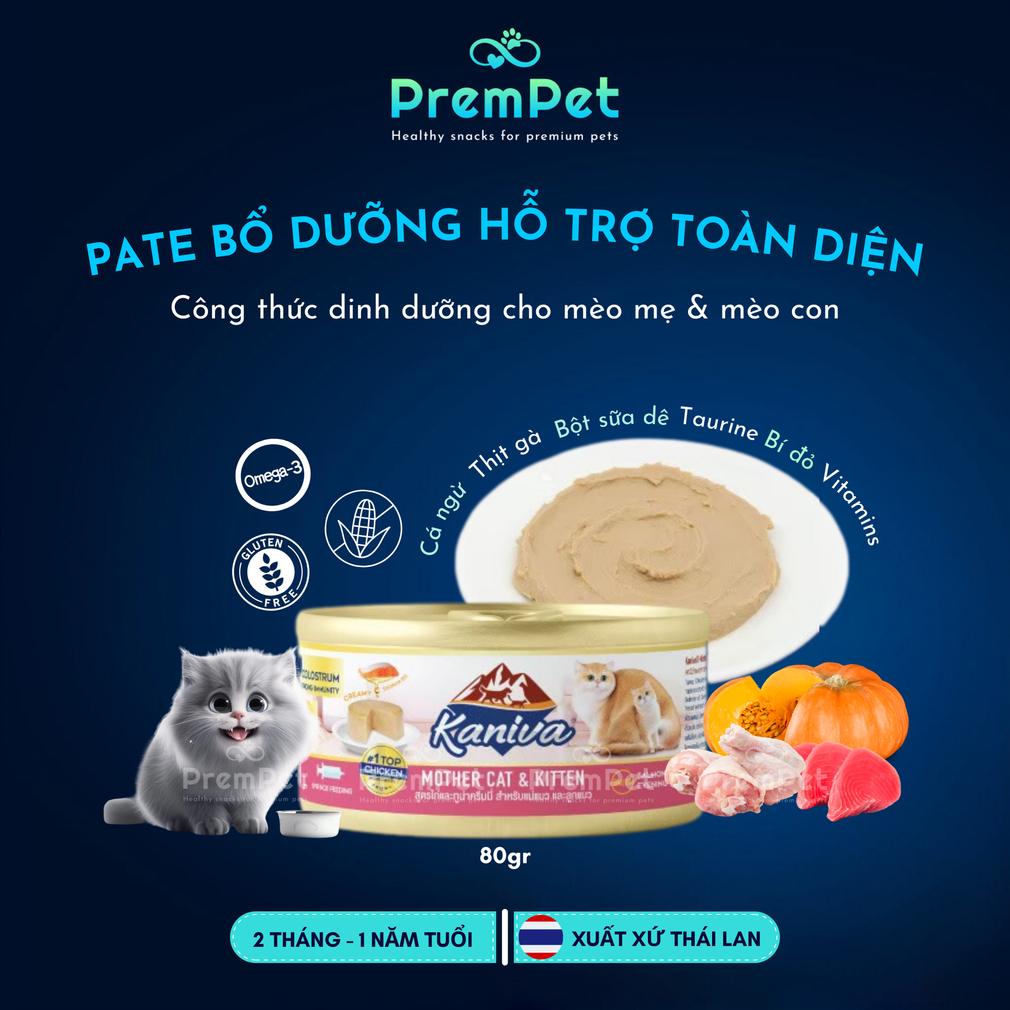 Pate - Kaniva - Hỗ Trợ Sức Khoẻ Toàn Diện - cho Mèo Mẹ & Mèo Con Cai Sữa - Hộp 80g