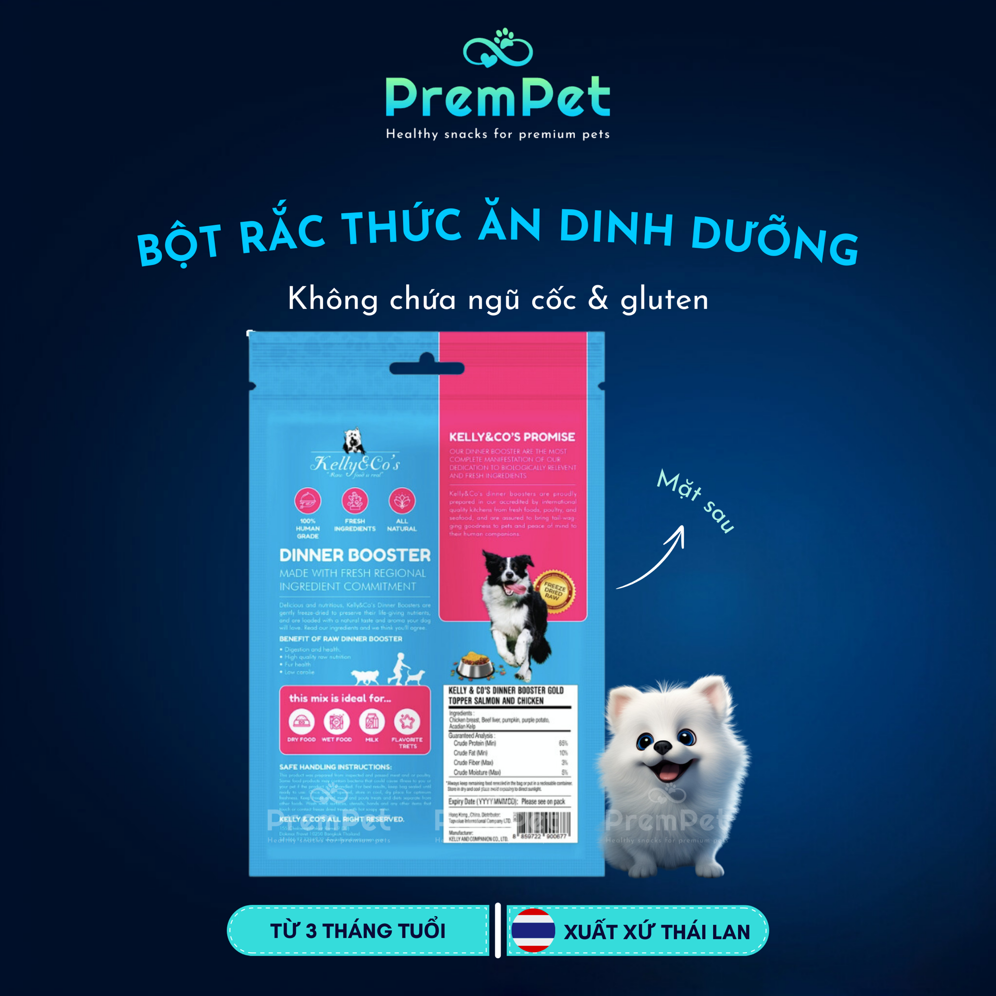Bột Rắc Dinh Dưỡng - Kelly & Co's - Từ Thịt Gà Cá Hồi & Rau Củ Sấy Nhuyễn - cho Chó - Túi 50g