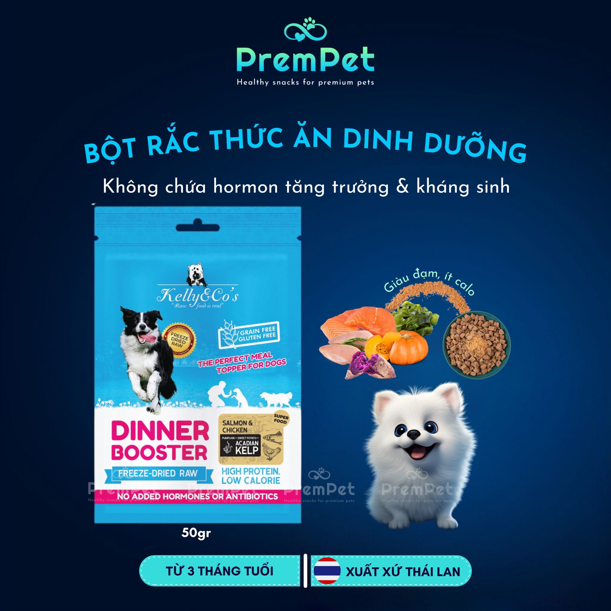 Bột Rắc Dinh Dưỡng - Kelly & Co's - Từ Thịt Gà Cá Hồi & Rau Củ Sấy Nhuyễn - cho Chó - Túi 50g