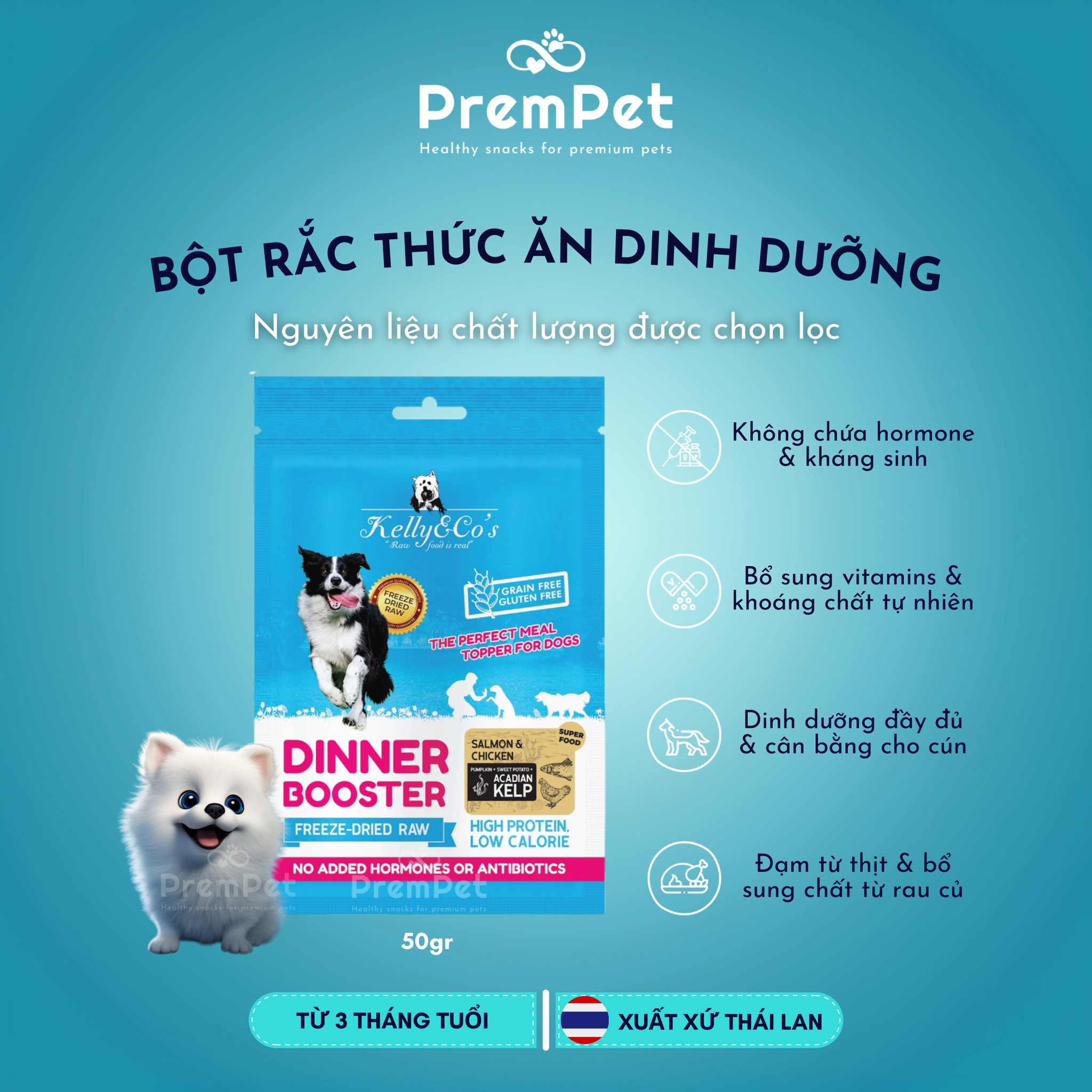 Bột Rắc Dinh Dưỡng - Kelly & Co's - Từ Thịt Gà Cá Hồi & Rau Củ Sấy Nhuyễn - cho Chó - Túi 50g