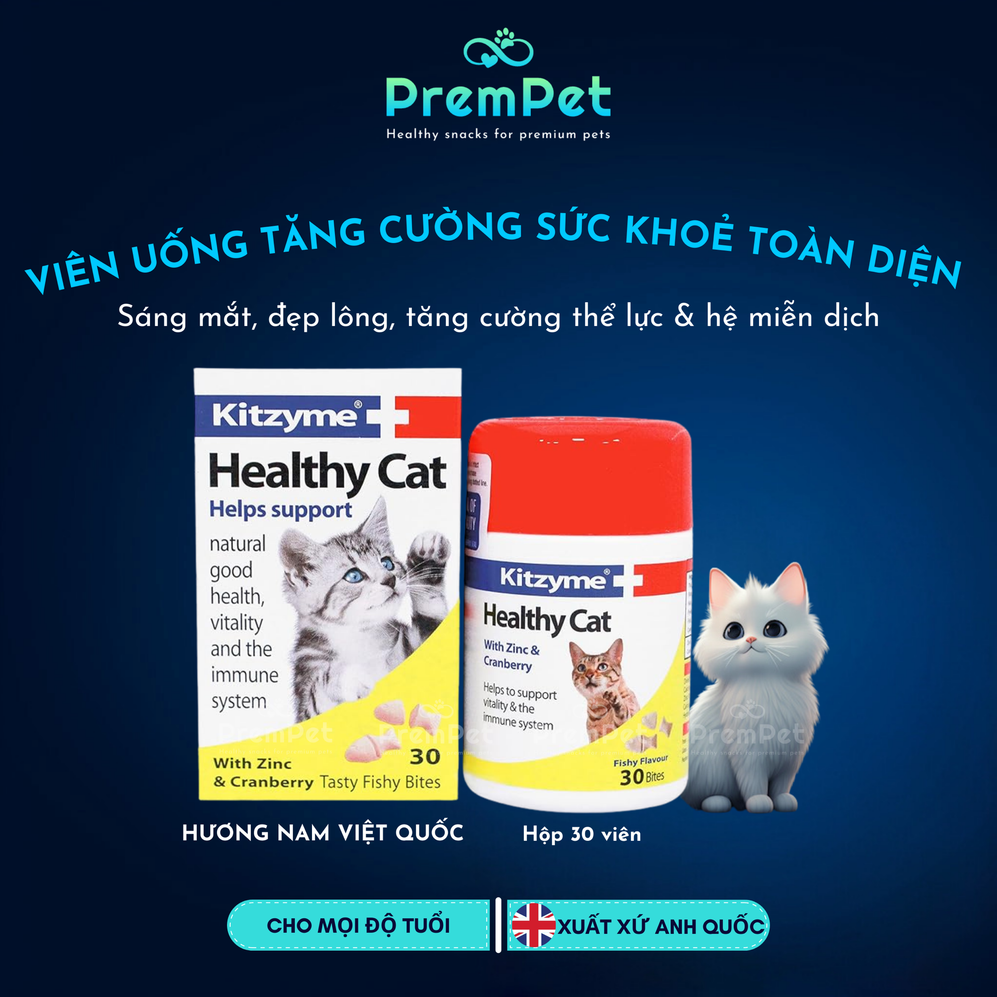 Viên Dinh Dưỡng - Kitzyme - Tăng Cường Sức Khoẻ Toàn Diện - cho Mèo - Hộp 30 viên