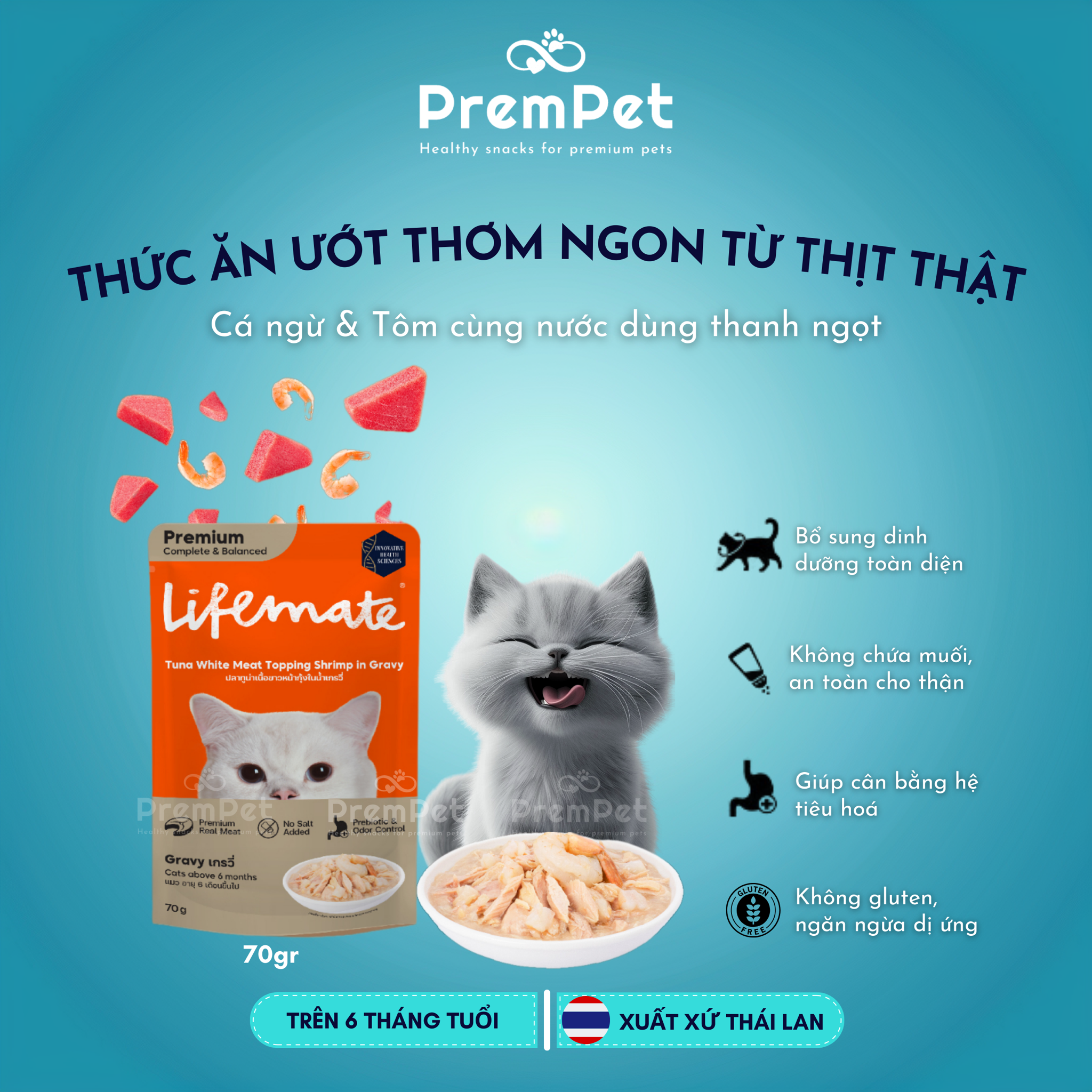 Thức Ăn Ướt - Lifemate - Kết Hợp Từ Các Loại Thịt Cá và Hải Sản - cho Mèo - Túi 60/70g