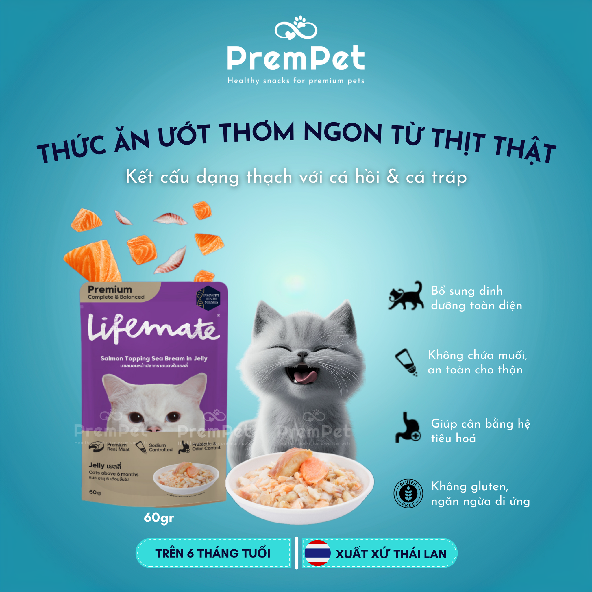 Thức Ăn Ướt - Lifemate - Kết Hợp Từ Các Loại Thịt Cá và Hải Sản - cho Mèo - Túi 60/70g