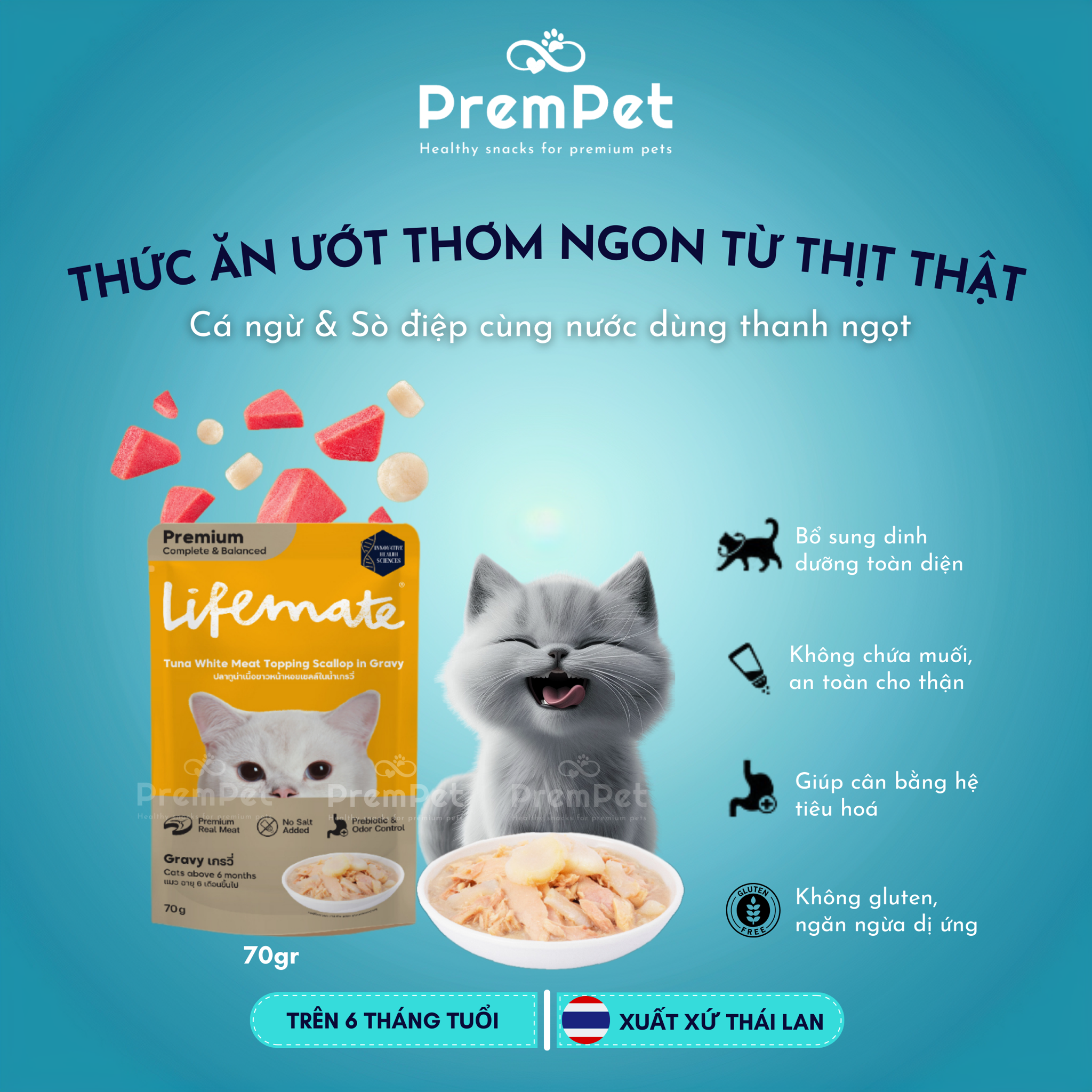 Thức Ăn Ướt - Lifemate - Kết Hợp Từ Các Loại Thịt Cá và Hải Sản - cho Mèo - Túi 60/70g