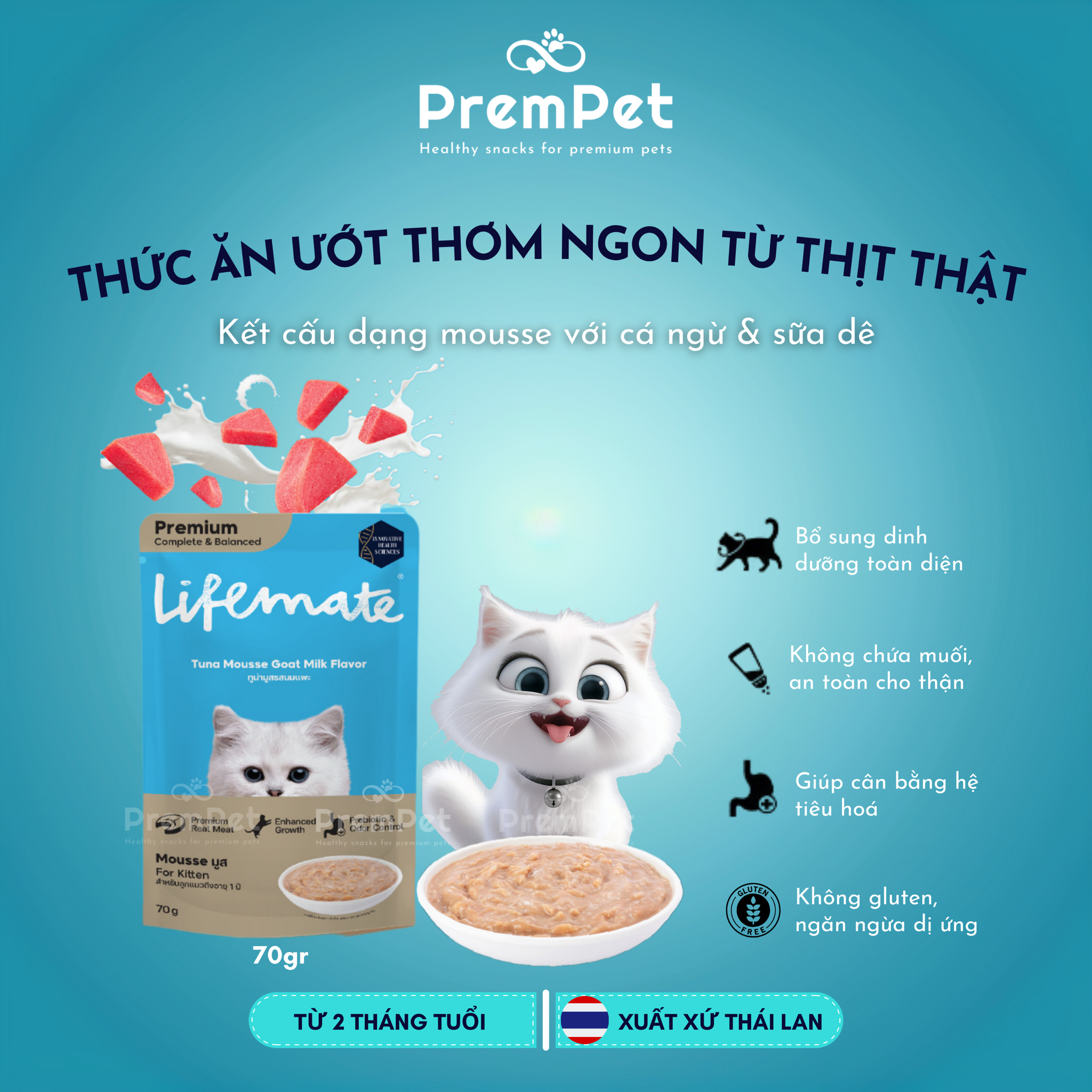 Thức Ăn Ướt - Lifemate - Từ Thịt Cá Ngừ Kết Hợp Nhiều Vị - cho Mèo Con - Túi 70g