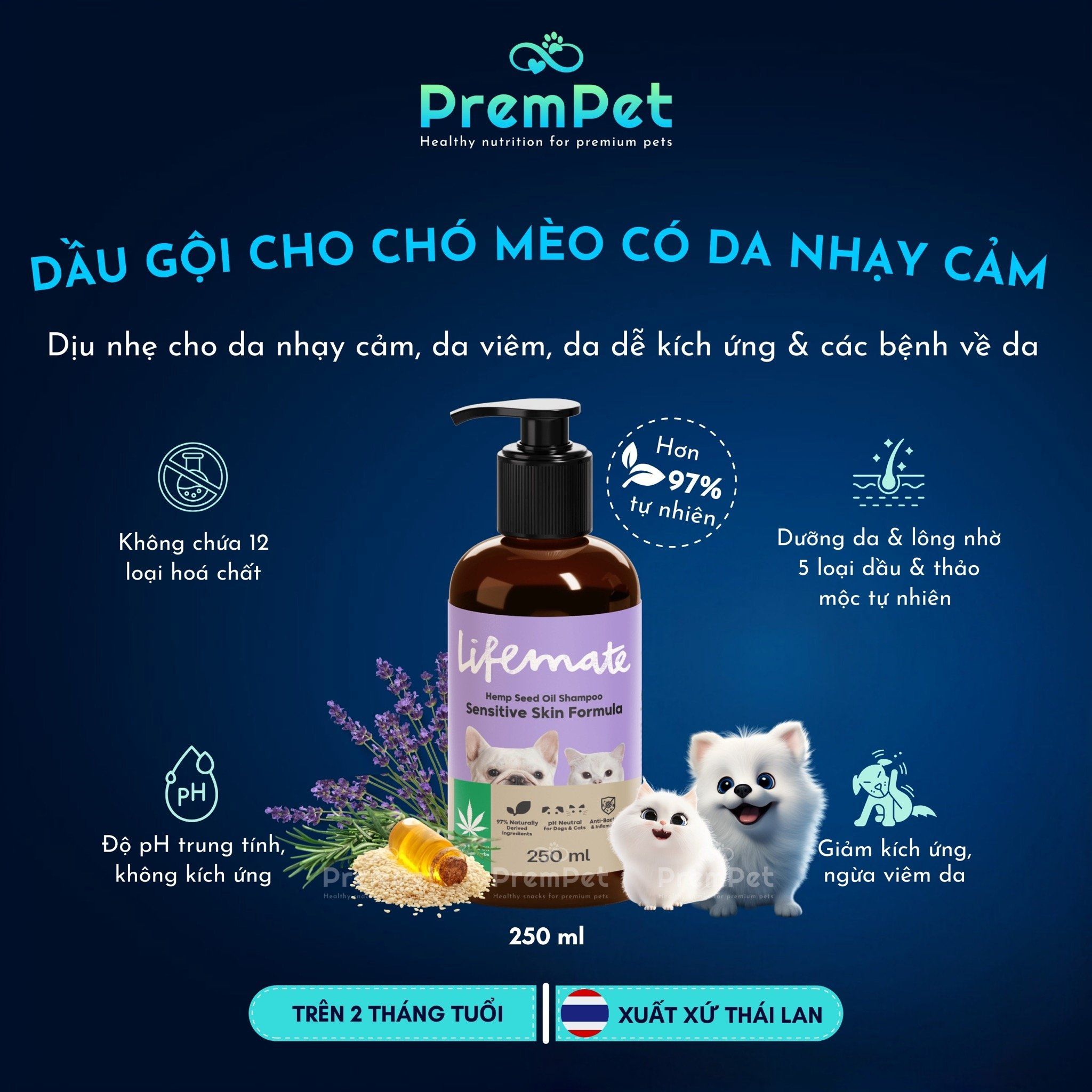 Dầu Gội - Lifemate - Cho Da Nhạy Cảm - cho Chó Mèo - Chai 250ml