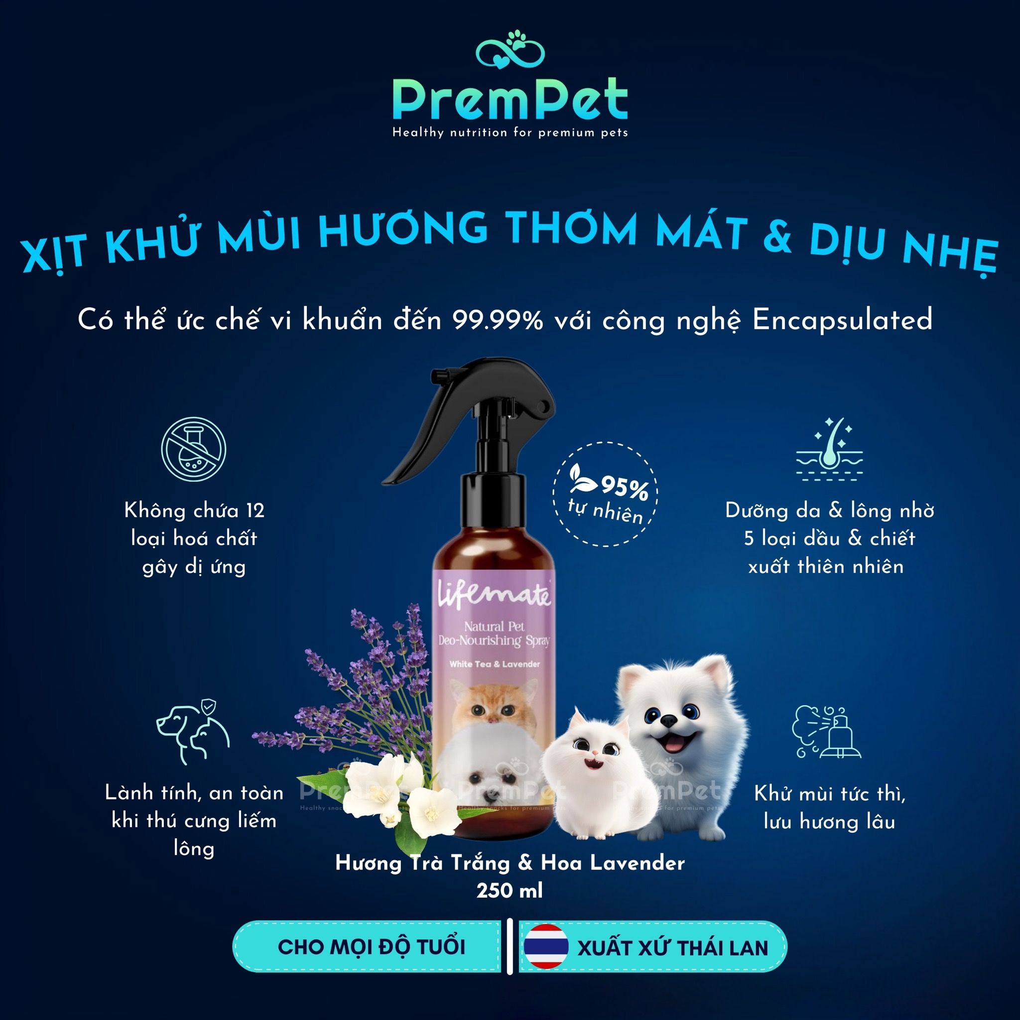 Xịt Khử Mùi - Lifemate - Hương Thơm Tươi Mát & Dịu Nhẹ - cho Chó Mèo - Chai 250ml