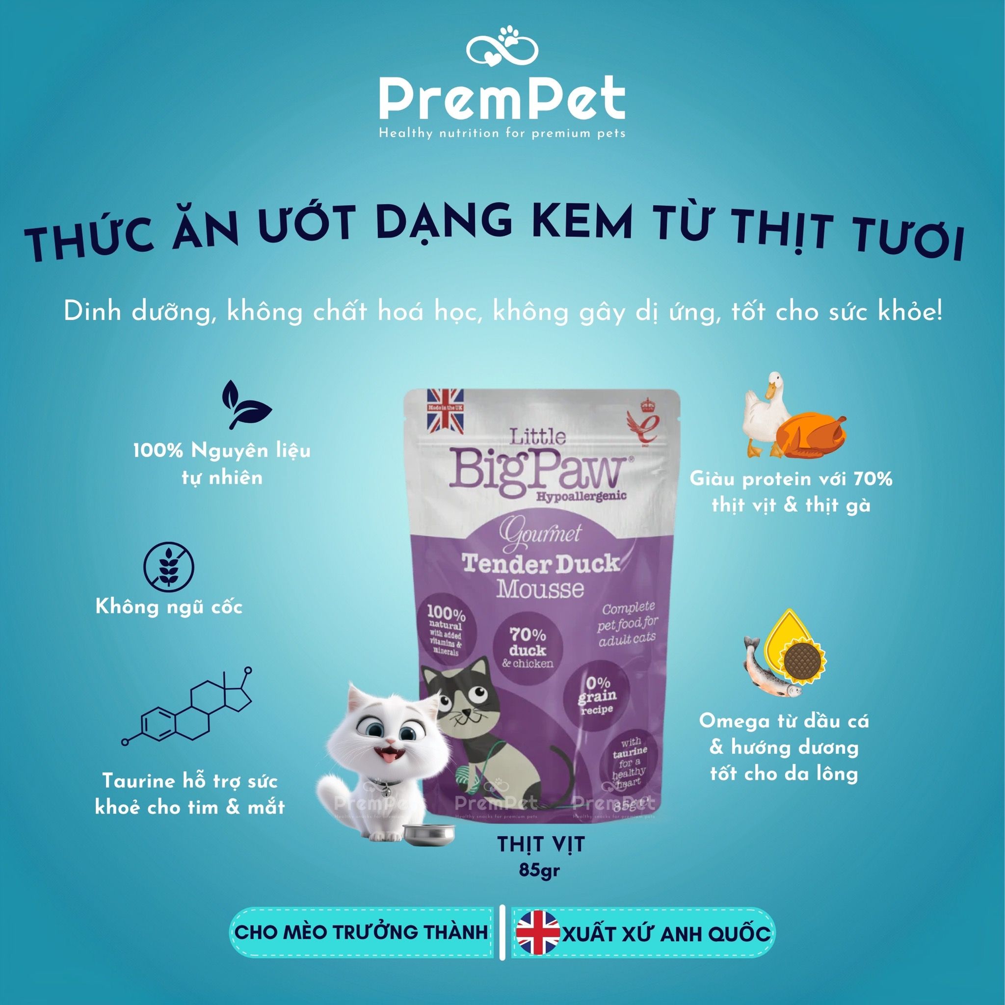 Thức Ăn Ướt - Little BigPaw - Hỗ Trợ Sức Khoẻ Tổng Thể - Vị Gà/Cá/Vịt - cho Mèo - Túi 85g