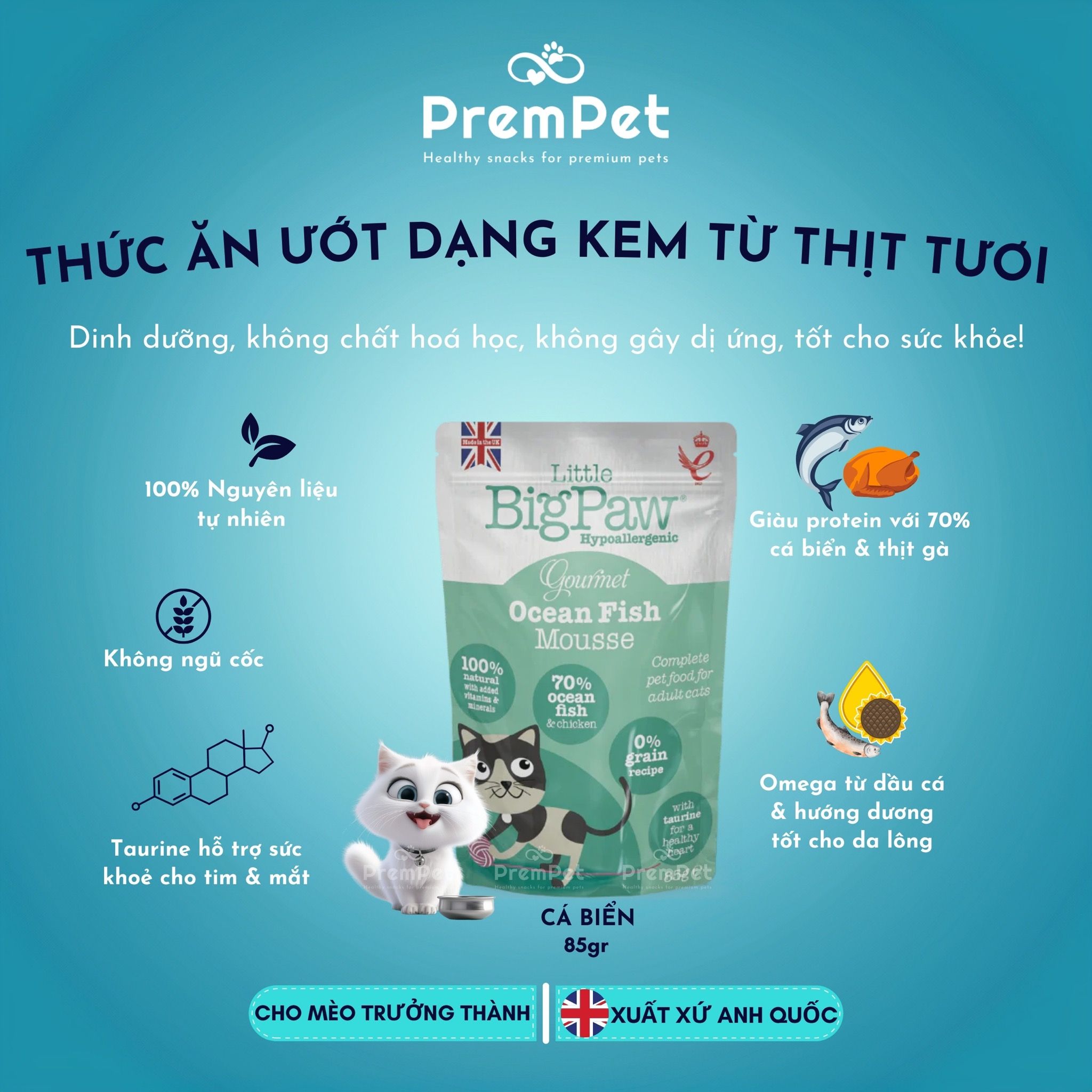 Thức Ăn Ướt - Little BigPaw - Hỗ Trợ Sức Khoẻ Tổng Thể - Vị Gà/Cá/Vịt - cho Mèo - Túi 85g