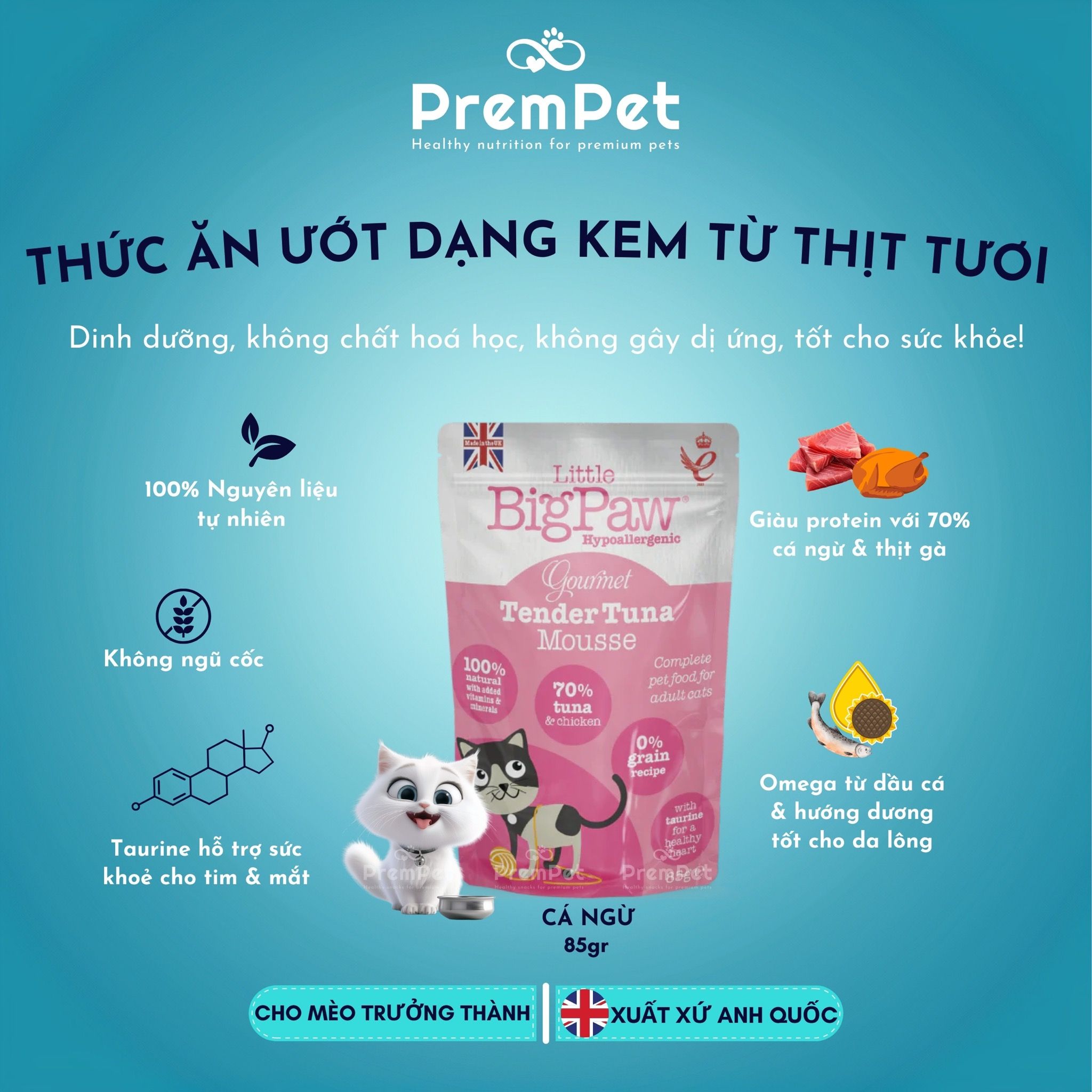 Thức Ăn Ướt - Little BigPaw - Hỗ Trợ Sức Khoẻ Tổng Thể - Vị Gà/Cá/Vịt - cho Mèo - Túi 85g