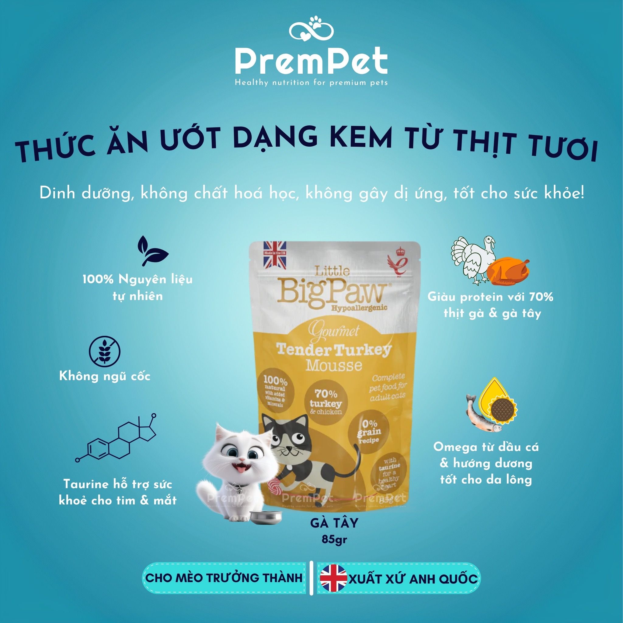 Thức Ăn Ướt - Little BigPaw - Hỗ Trợ Sức Khoẻ Tổng Thể - Vị Gà/Cá/Vịt - cho Mèo - Túi 85g