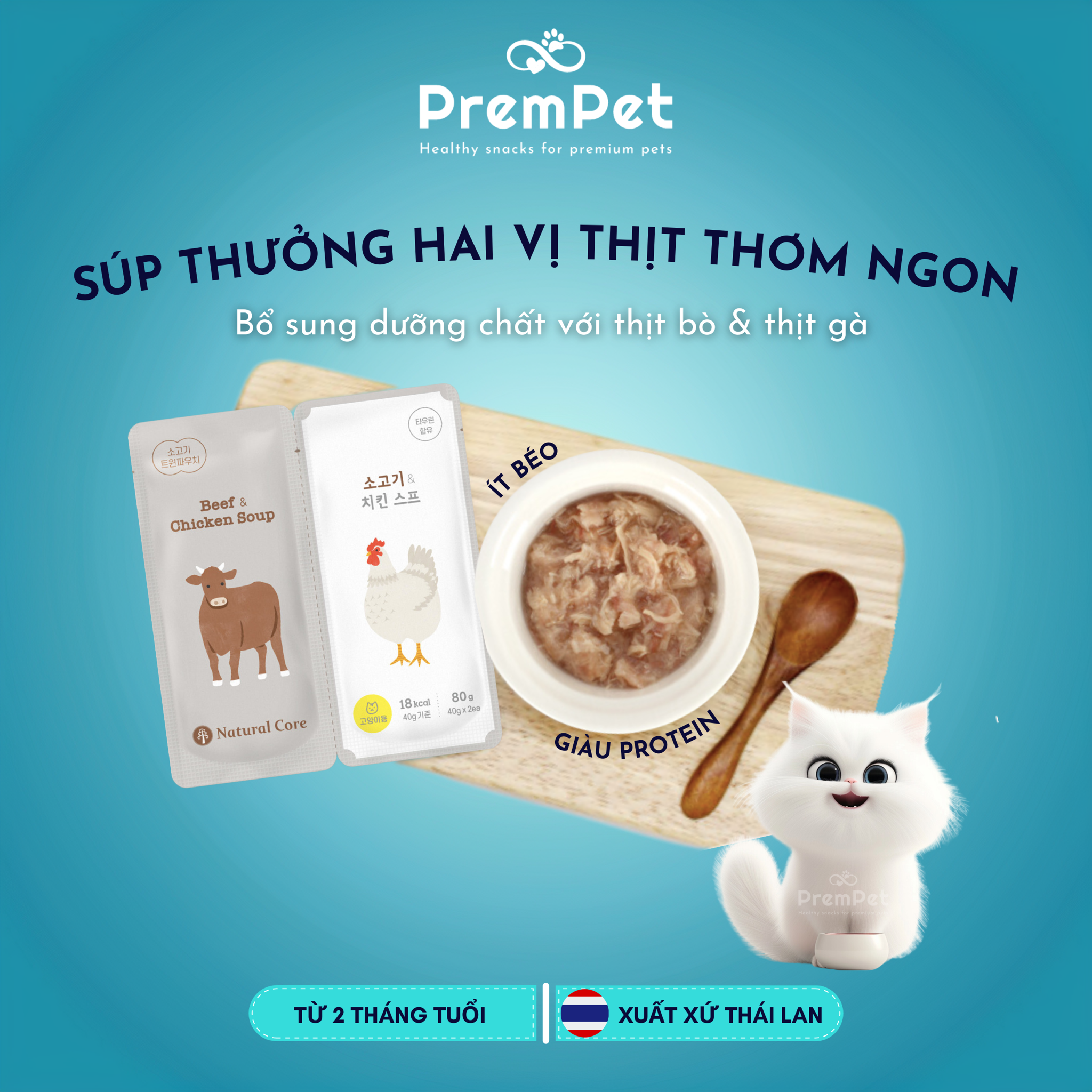Súp Thưởng - Natural Core - Vị Thịt Bò & Gà - cho Mèo - Dạng Gói Đôi 80g (40gx2)