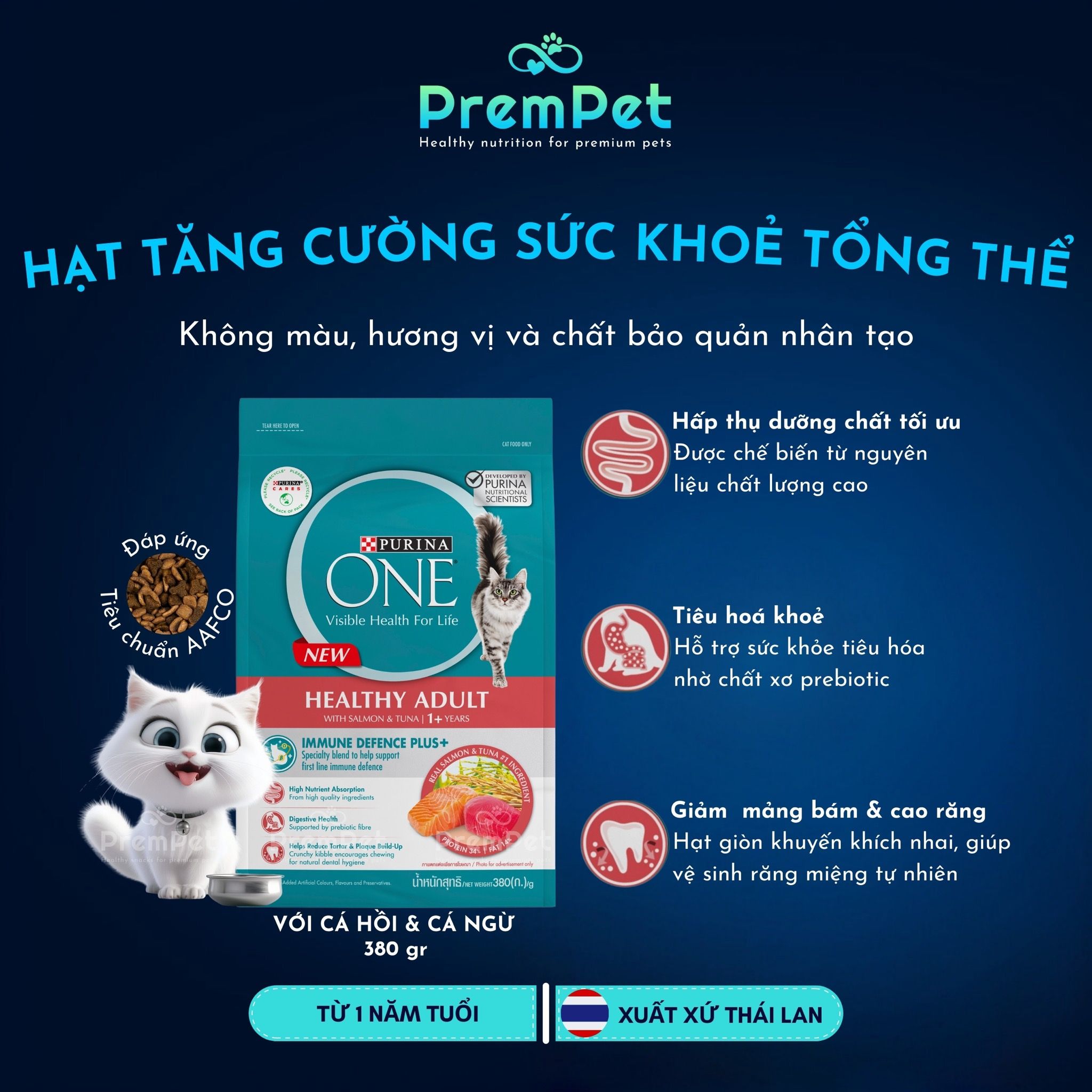 Thức Ăn Hạt - Purina One - Tăng Cường Sức Khoẻ Tổng Thể - Vị Cá Hồi & Cá Ngừ - cho Mèo Trưởng Thành - Túi 380g
