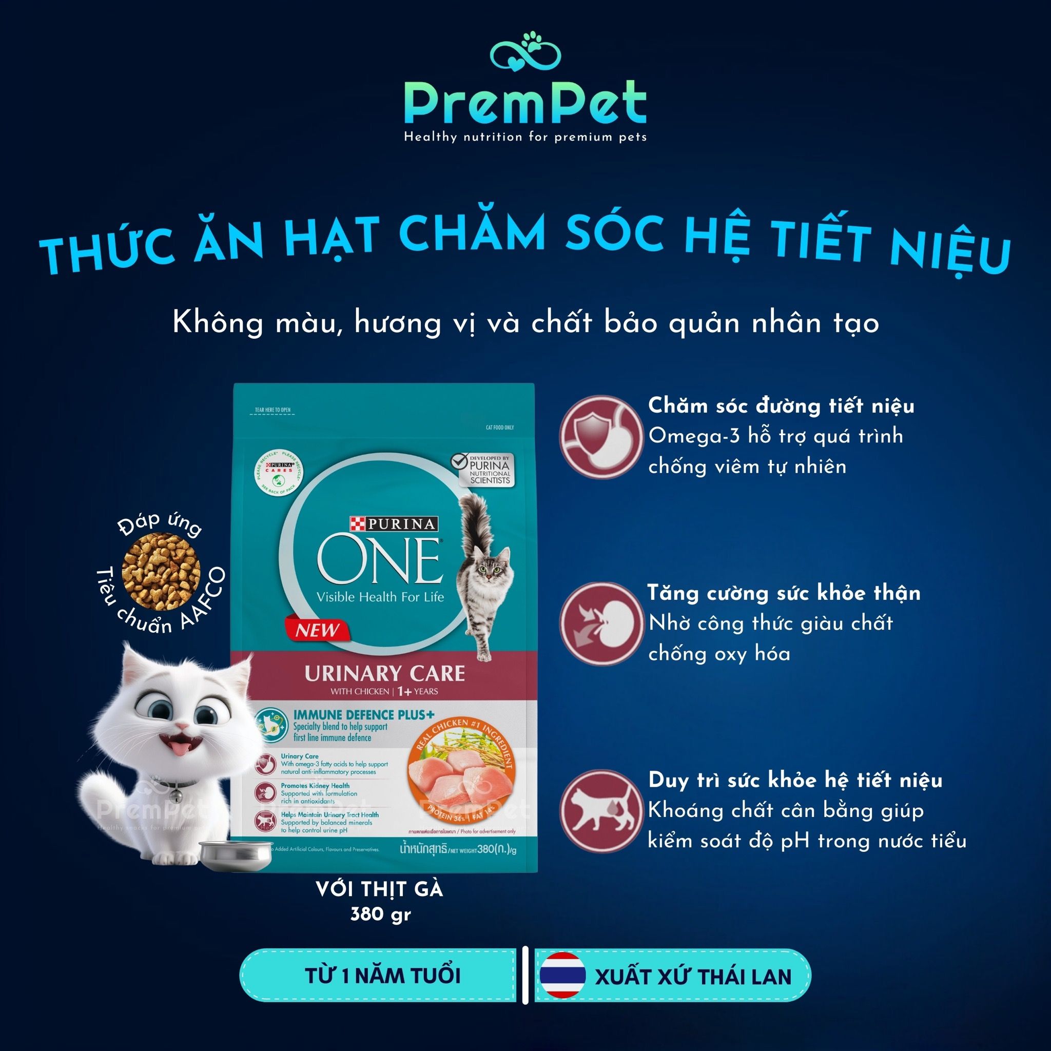 Thức Ăn Hạt - Purina One - Chăm Sóc Hệ Tiết Niệu - Vị Gà - cho Mèo Trưởng Thành - Túi 380g