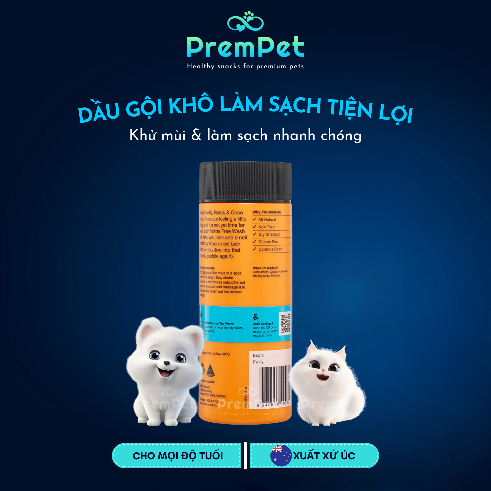 Dầu Gội Khô - Rufus & Coco - Làm Sạch Lông Nhanh Chóng - cho Chó Mèo - Chai 100g