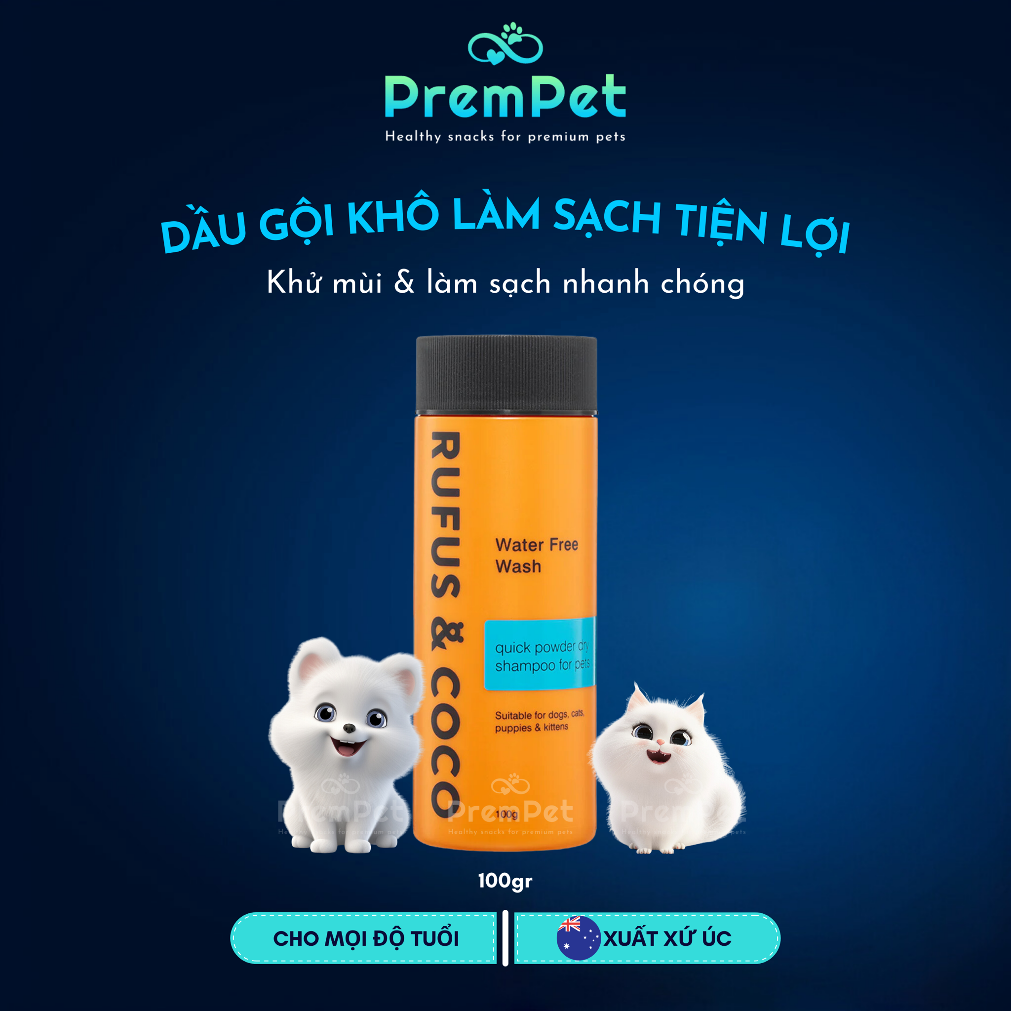 Dầu Gội Khô - Rufus & Coco - Làm Sạch Lông Nhanh Chóng - cho Chó Mèo - Chai 100g