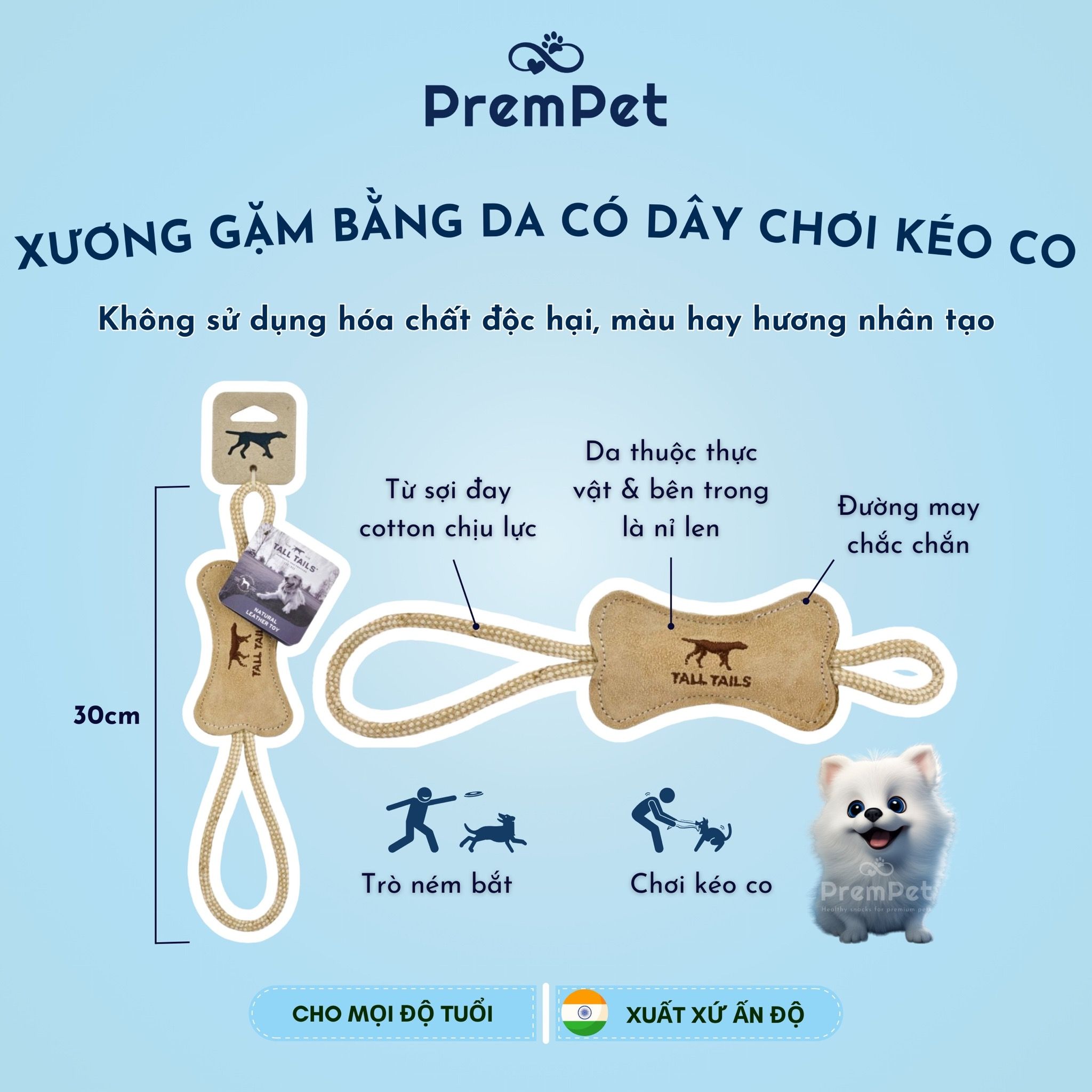 Xương Gặm - Tall Tails - Bằng Da Tự Nhiên Có Dây Chơi Kéo Co - cho Chó - Dài 30cm